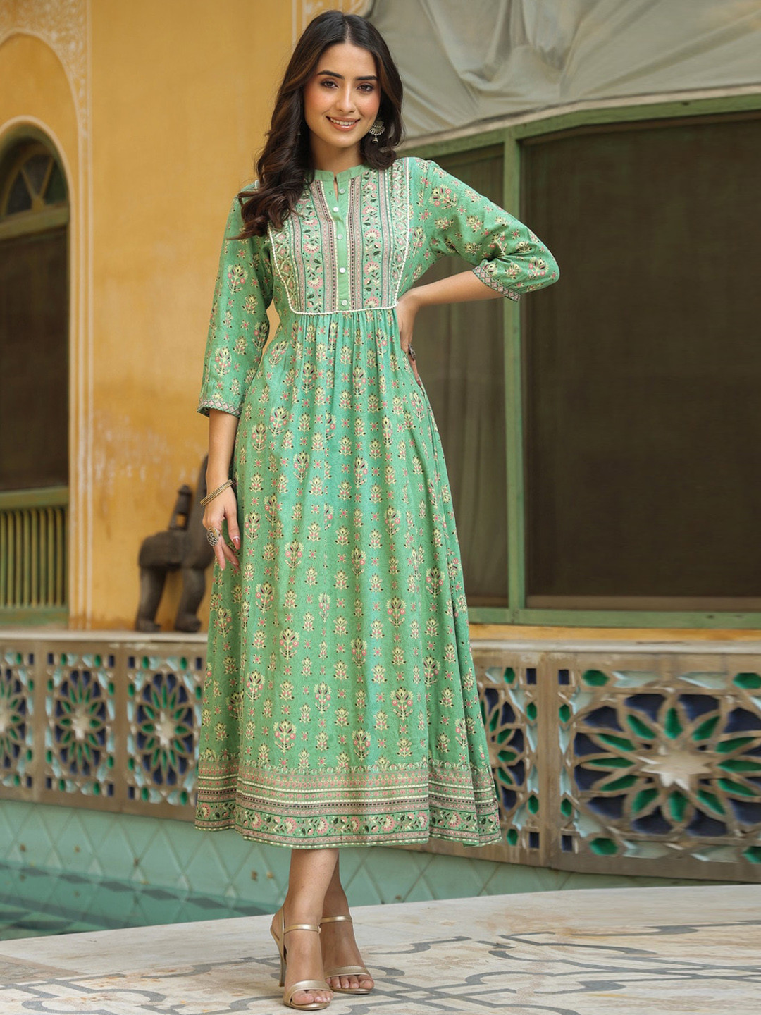 

Juniper Floral Printed Empire Maxi Ethnic Dress, Green