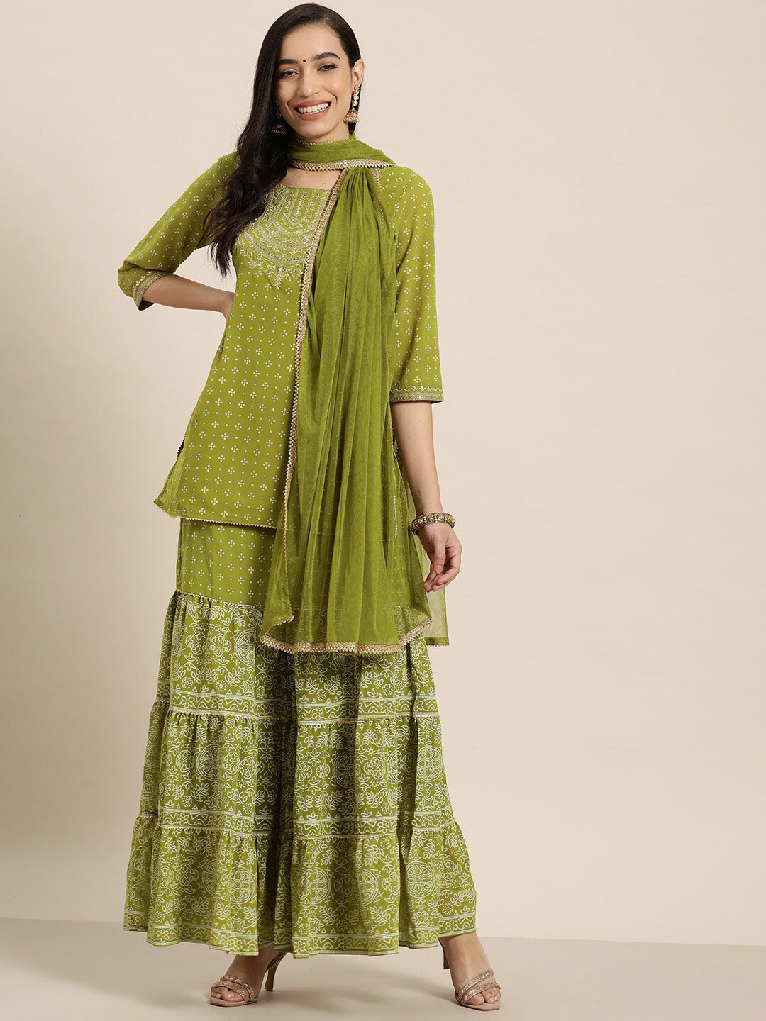 

Juniper Bandhani Printed Regular Kurta with Sharara & Dupatta, Green