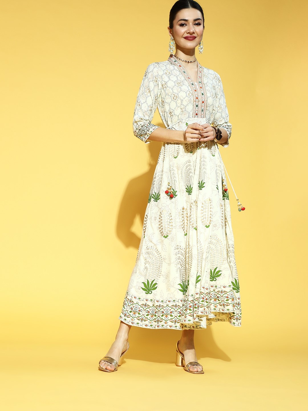 

Juniper Printed Ethnic Dresses With Mirror Work Details, White