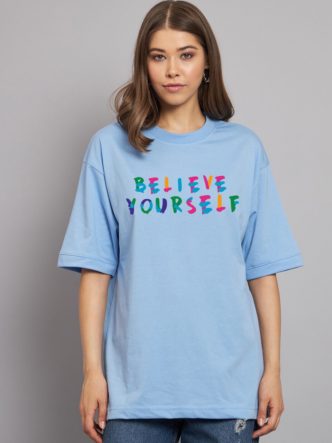 

Imsa Moda Typography Printed Drop-Shoulder Sleeves Cotton Oversized T-shirt, Blue