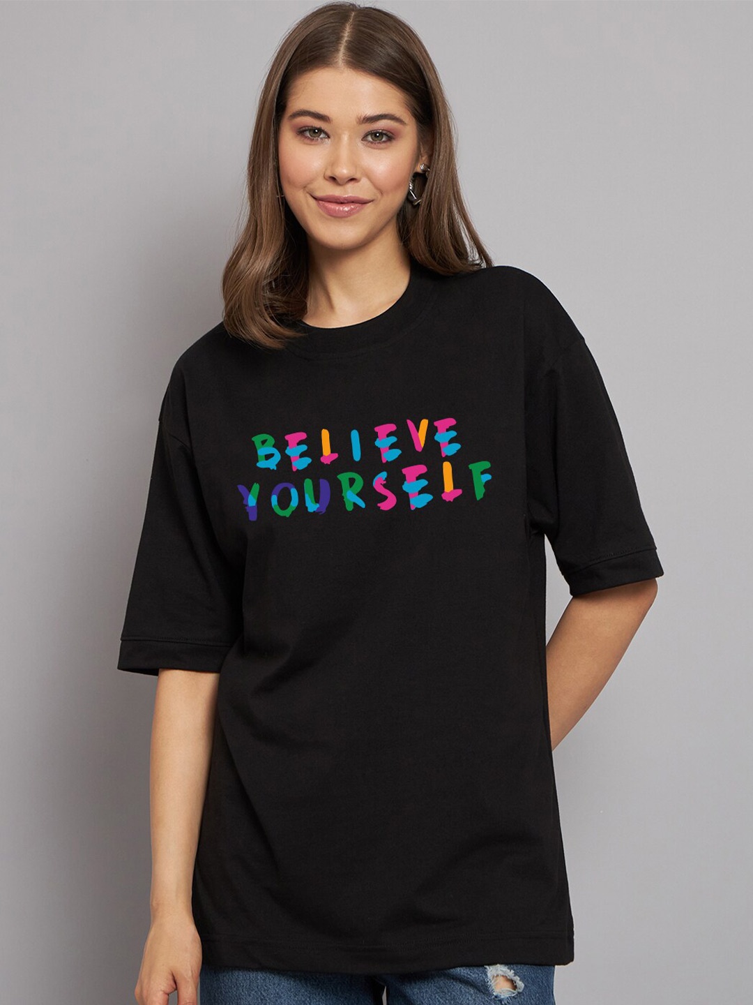 

Imsa Moda Typography Printed Oversized Longline Cotton T-shirt, Black