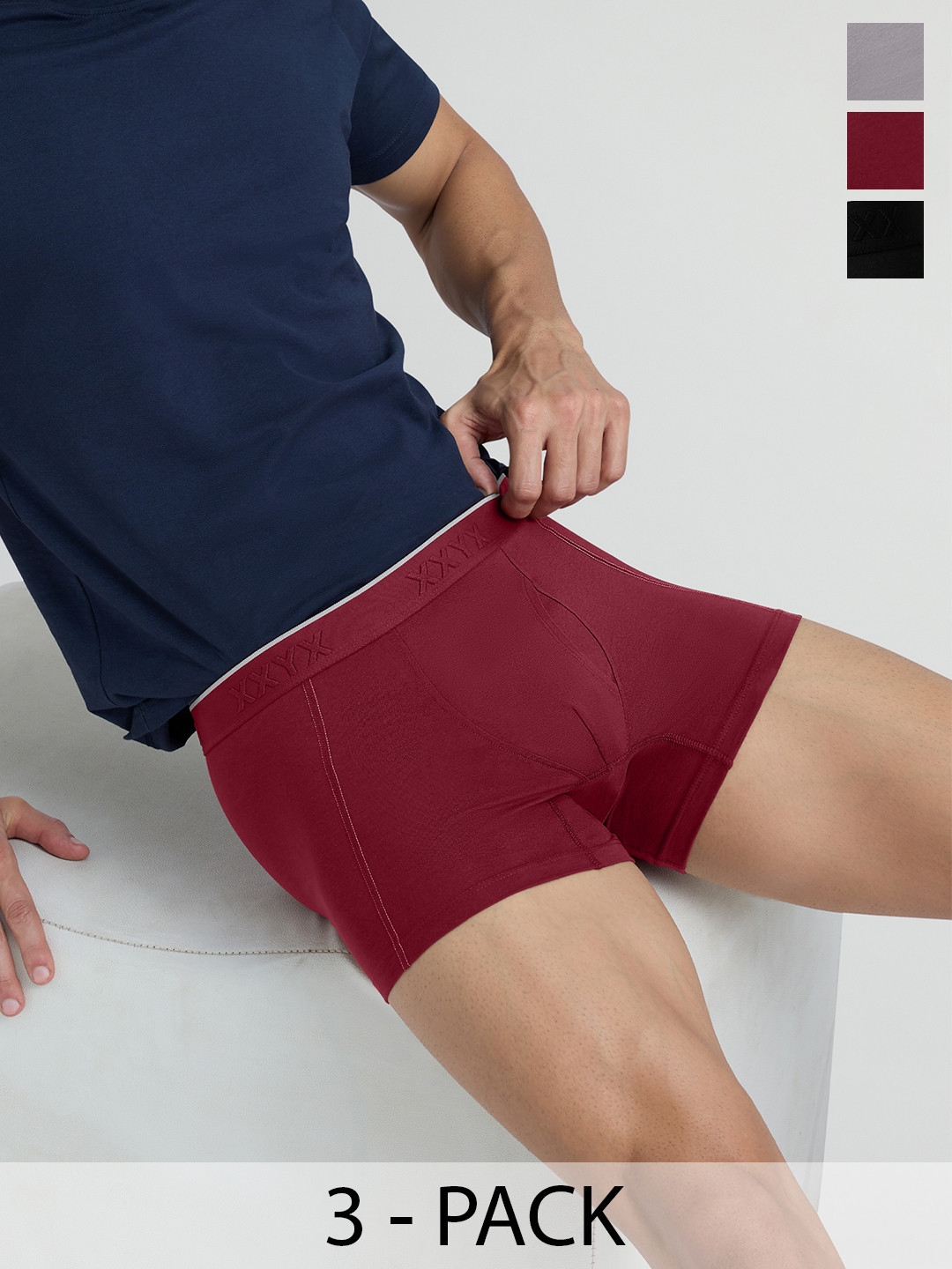 

XYXX Crux IntelliFresh Pack Of 3 Anti-Roll Cotton Trunks XYTRNK3PCKN890, Burgundy
