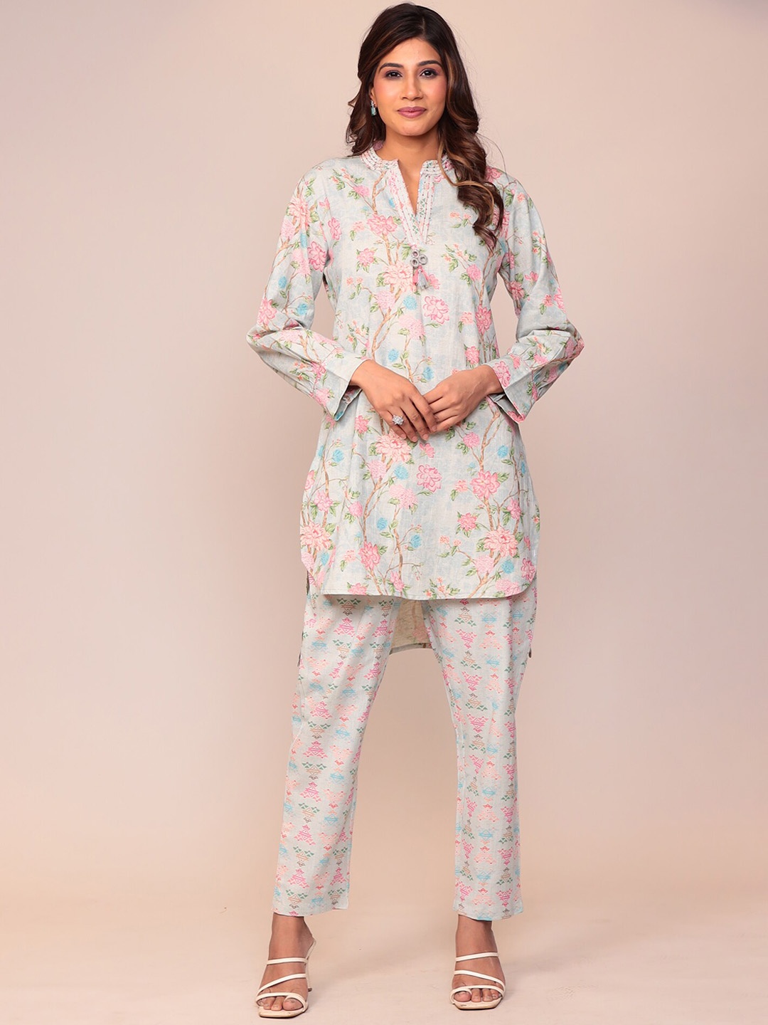 

ZARI Printed Long Sleeves Tunic With Trousers Co-Ords, Grey