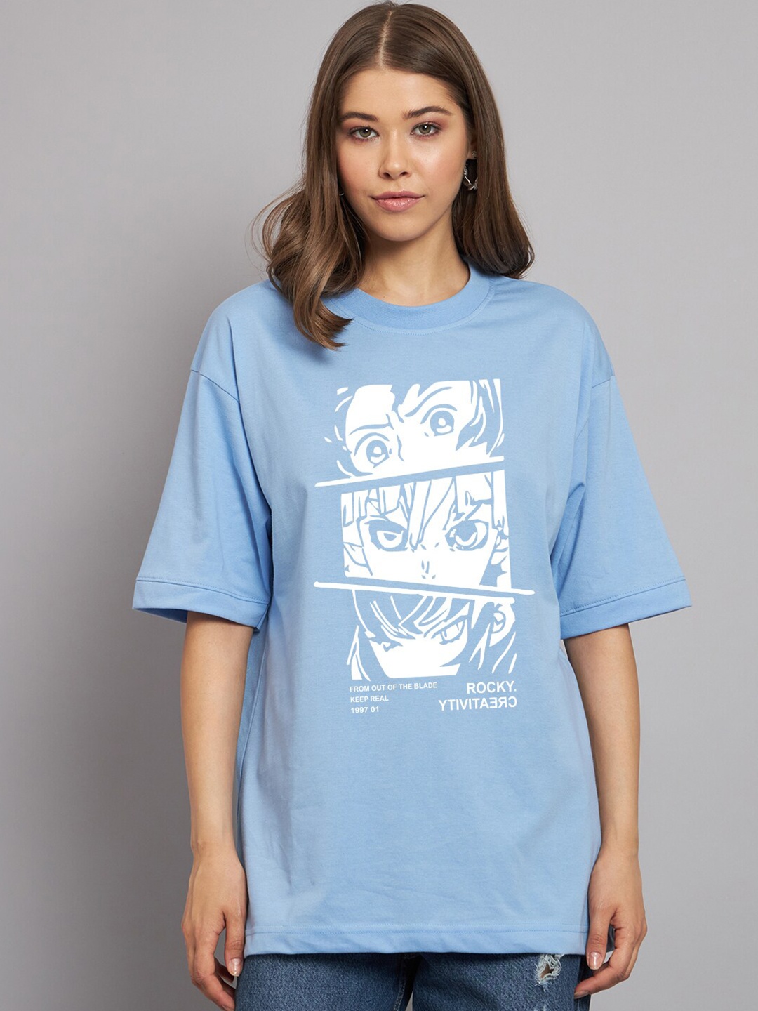 

Imsa Moda Graphic Printed Round Neck Cotton Oversized T-shirt, Blue