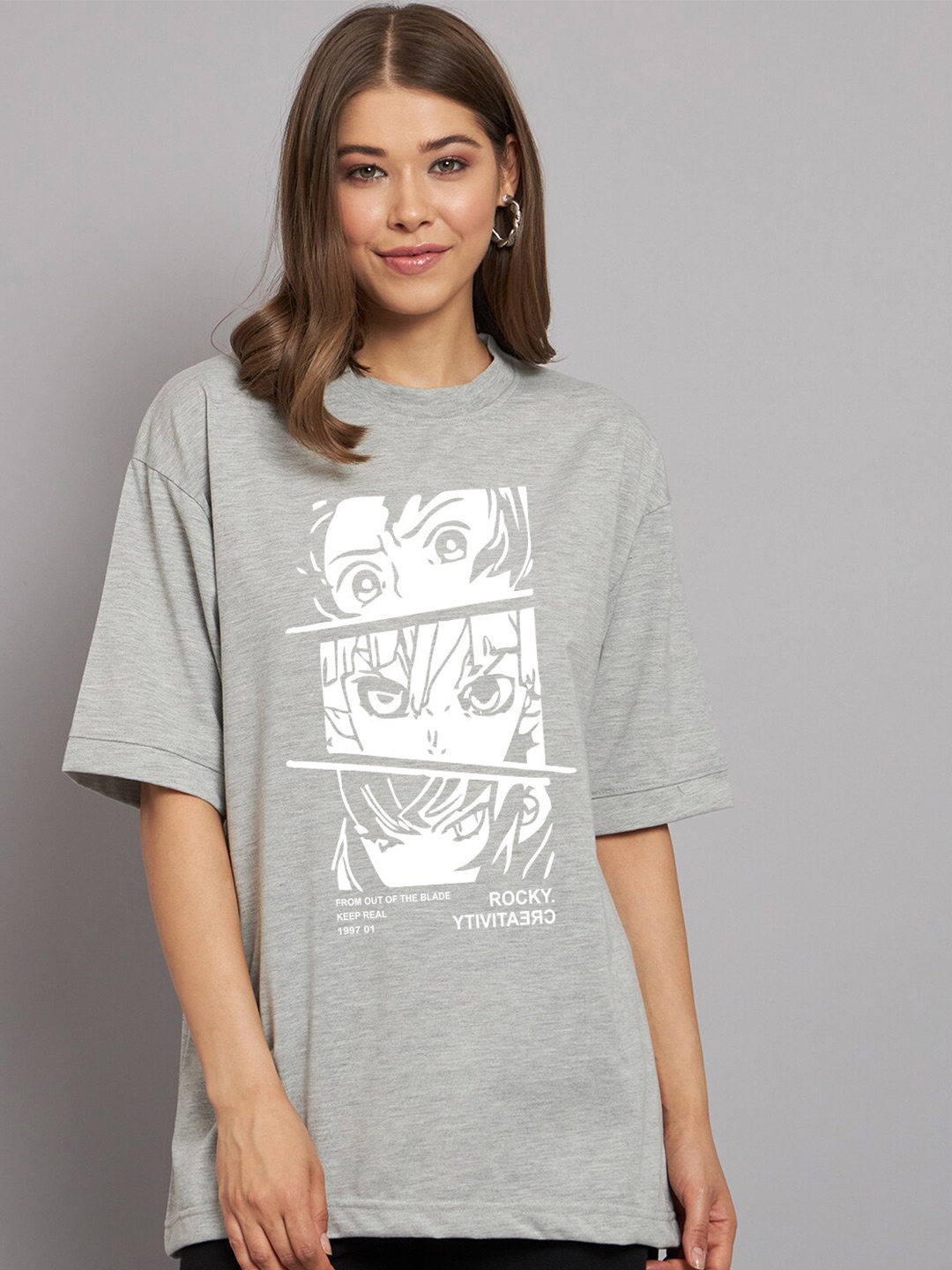

Imsa Moda Graphic Printed Round Neck Cotton Oversized T-shirt, Grey