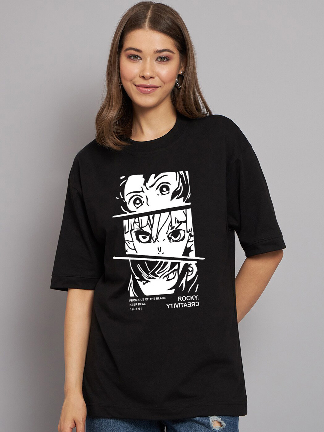 

Imsa Moda Demon Slayers Printed Oversized Longline Cotton T-shirt, Black