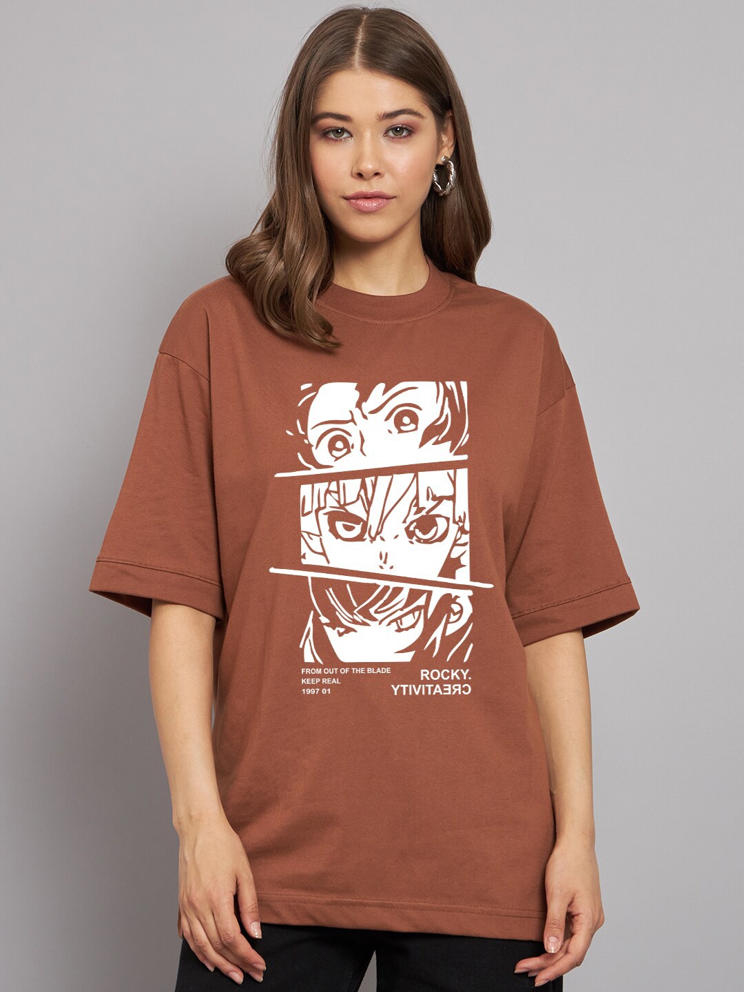 

Imsa Moda Women Demon Slayers Printed Oversized Longline Cotton T-shirt, Coffee brown