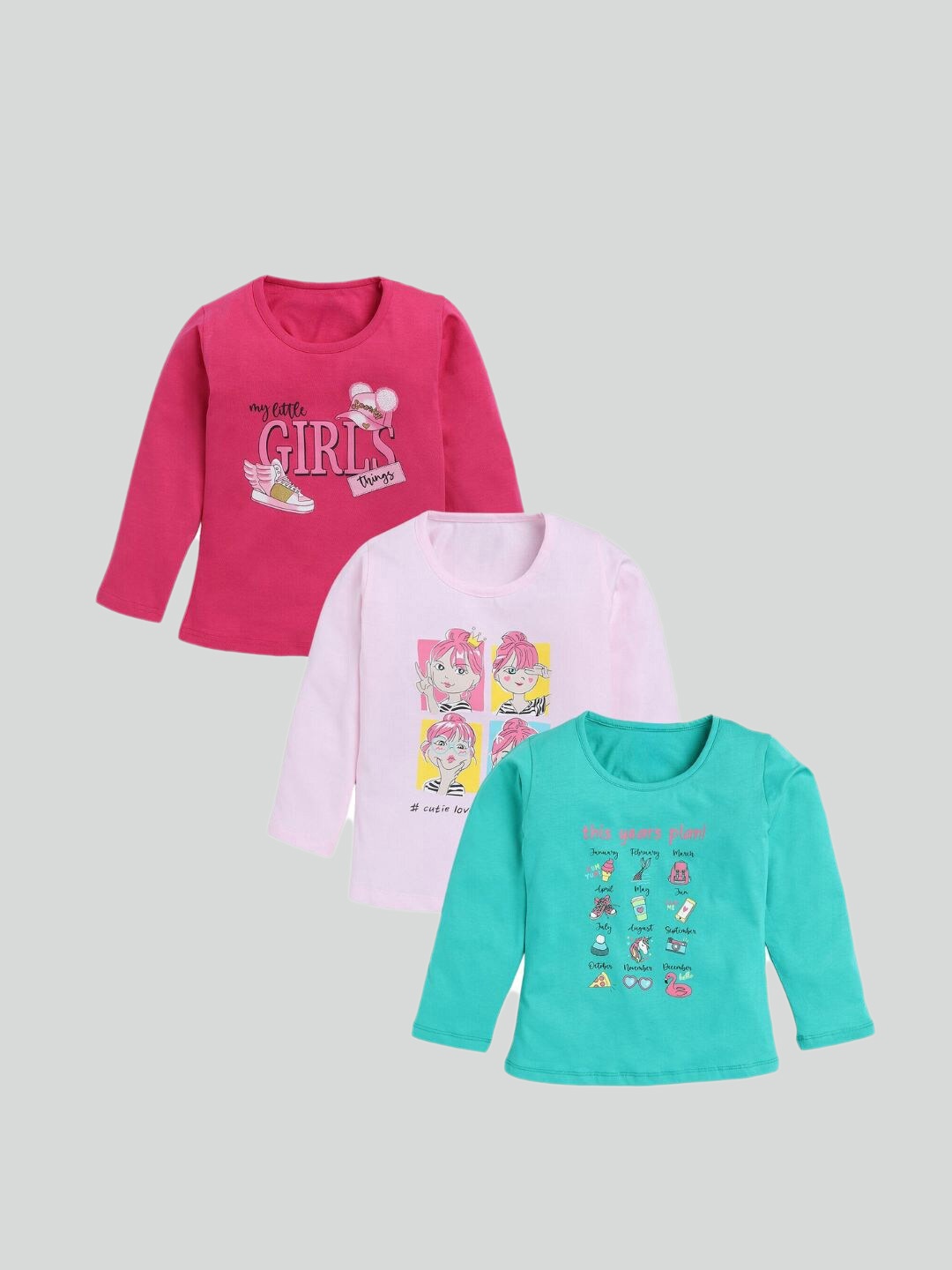 YK Girls Pack Of 3 Graphic Printed Pure Cotton T-Shirts, Green