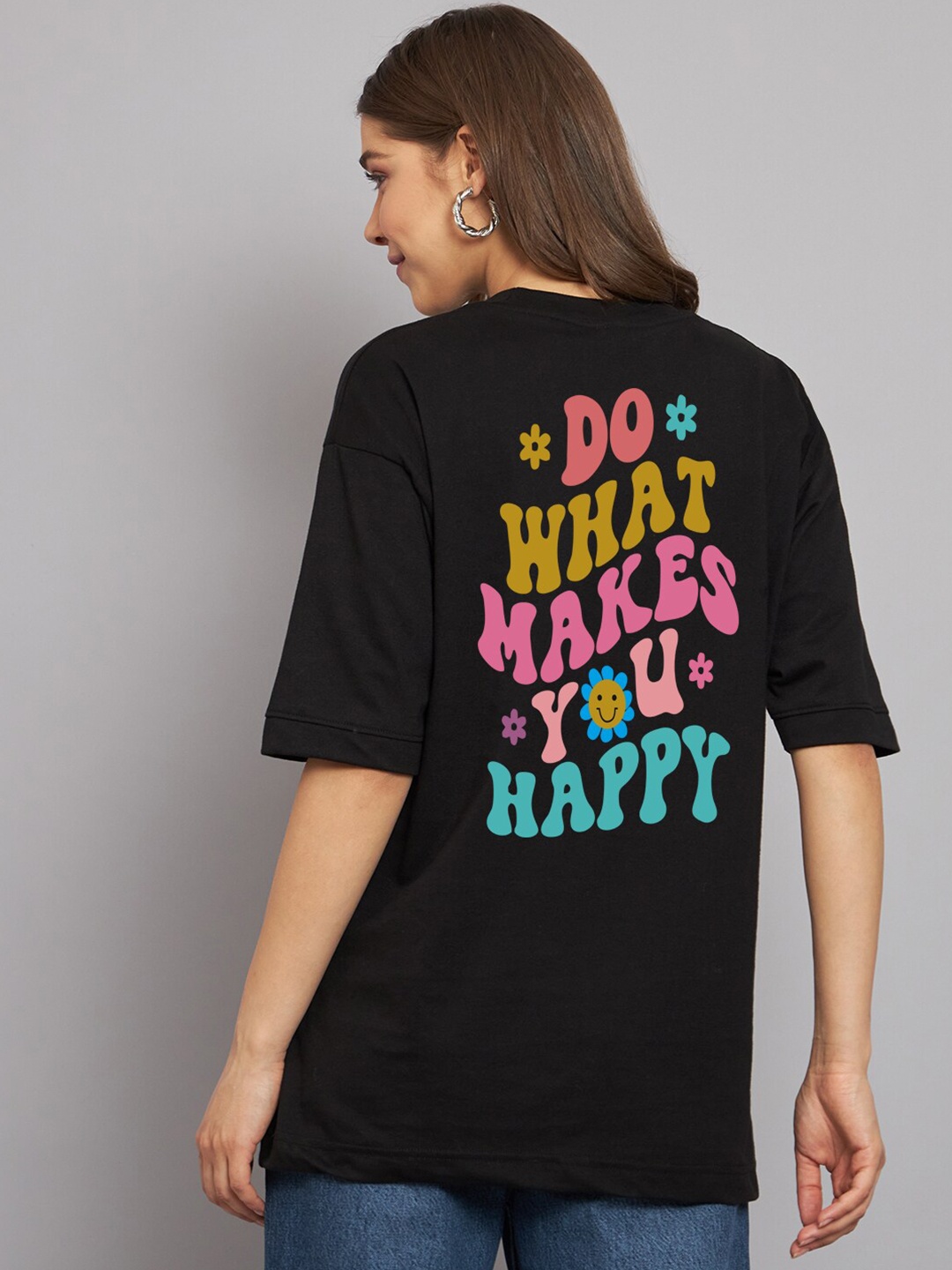 

Imsa Moda Typography Printed Drop Shoulder Sleeves Oversize Cotton Casual T Shirt, Black