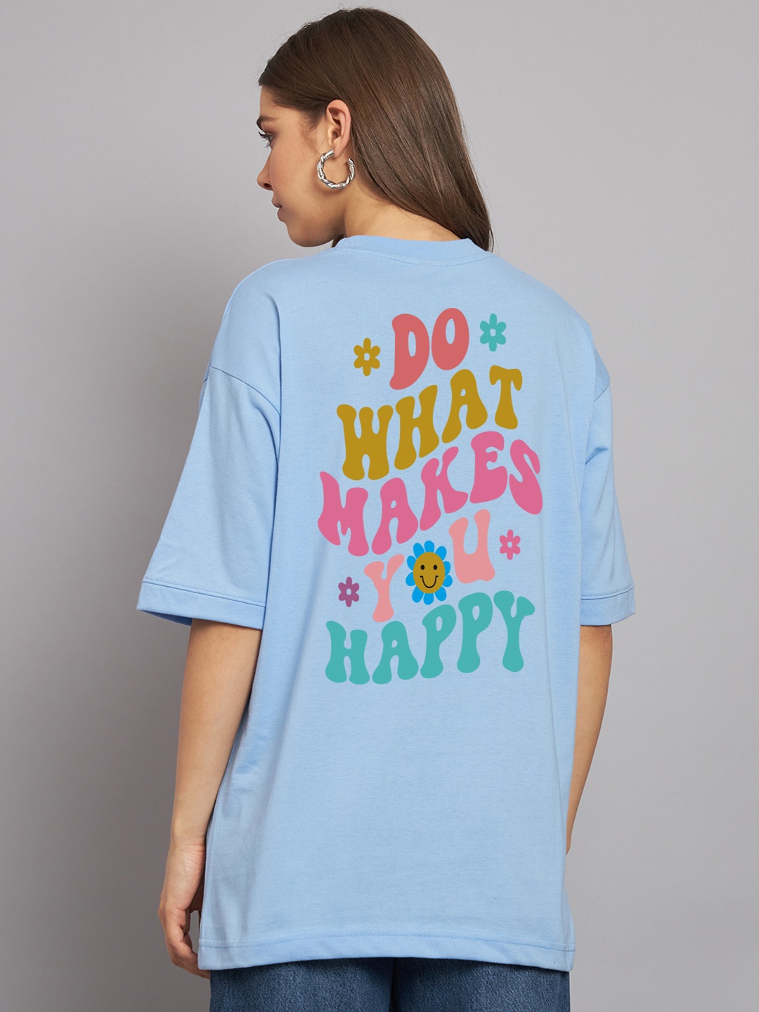 

Imsa Moda Typography Printed Drop Shoulder Cotton Oversized Longline T-shirt, Blue