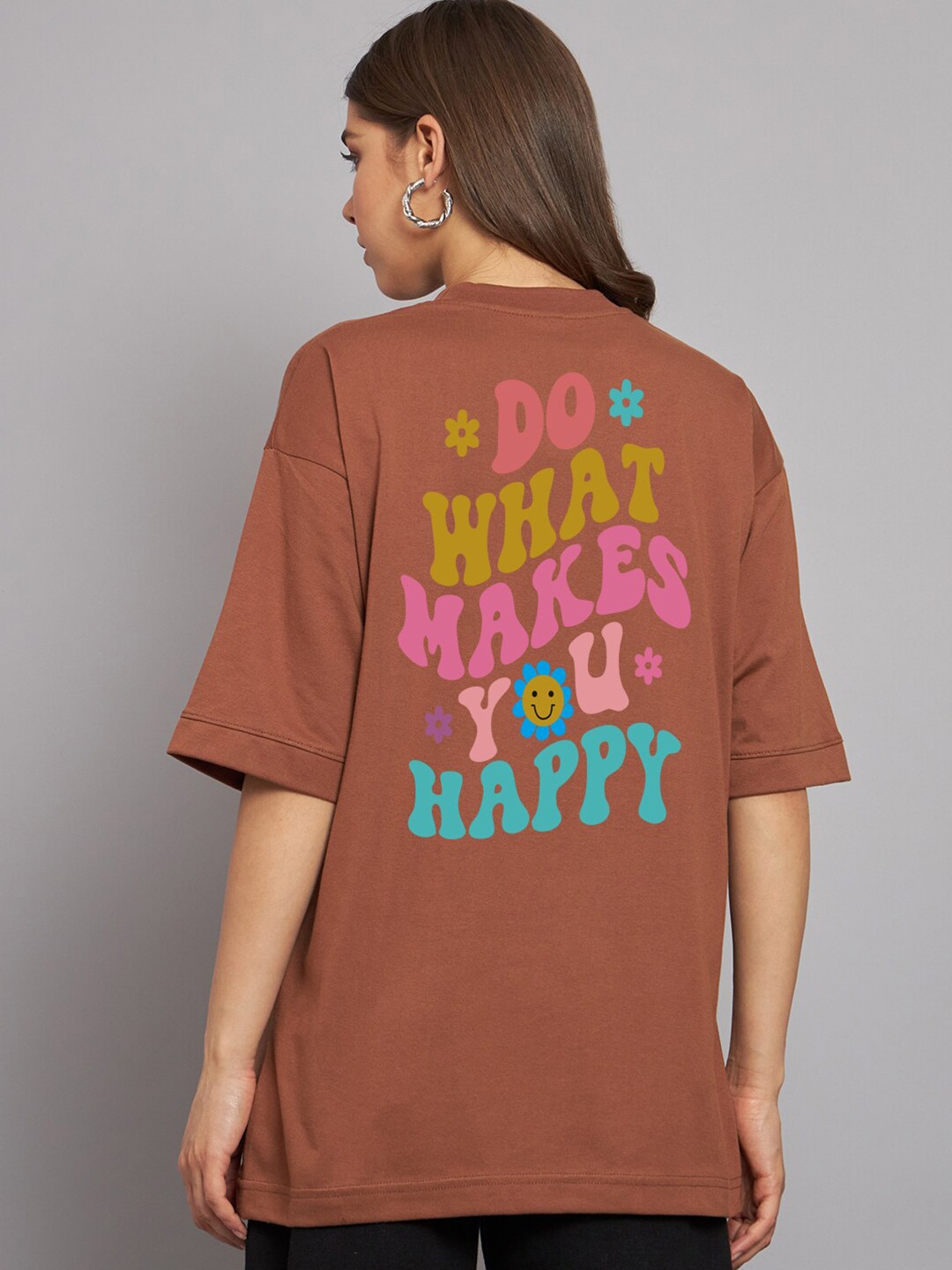 

Imsa Moda Typography Printed Drop-Shoulder Sleeves Cotton Oversized T-shirt, Coffee brown