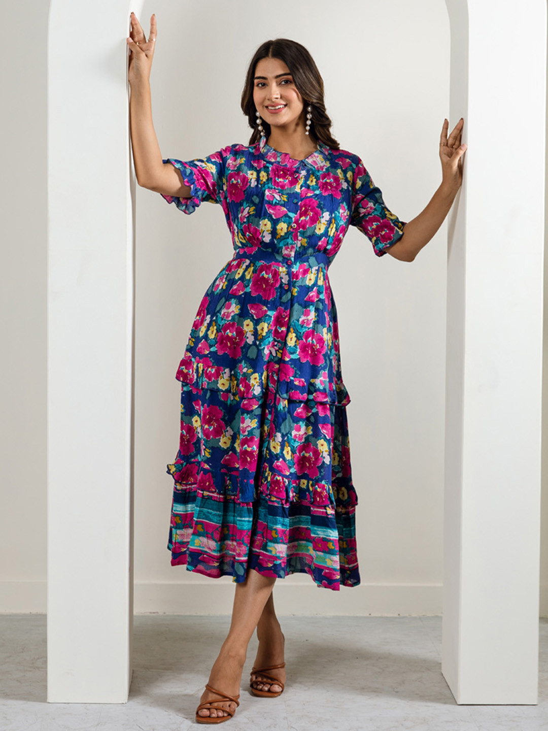 

Aadews Floral Printed Ruffled Detailed Shirt Style Dress, Blue
