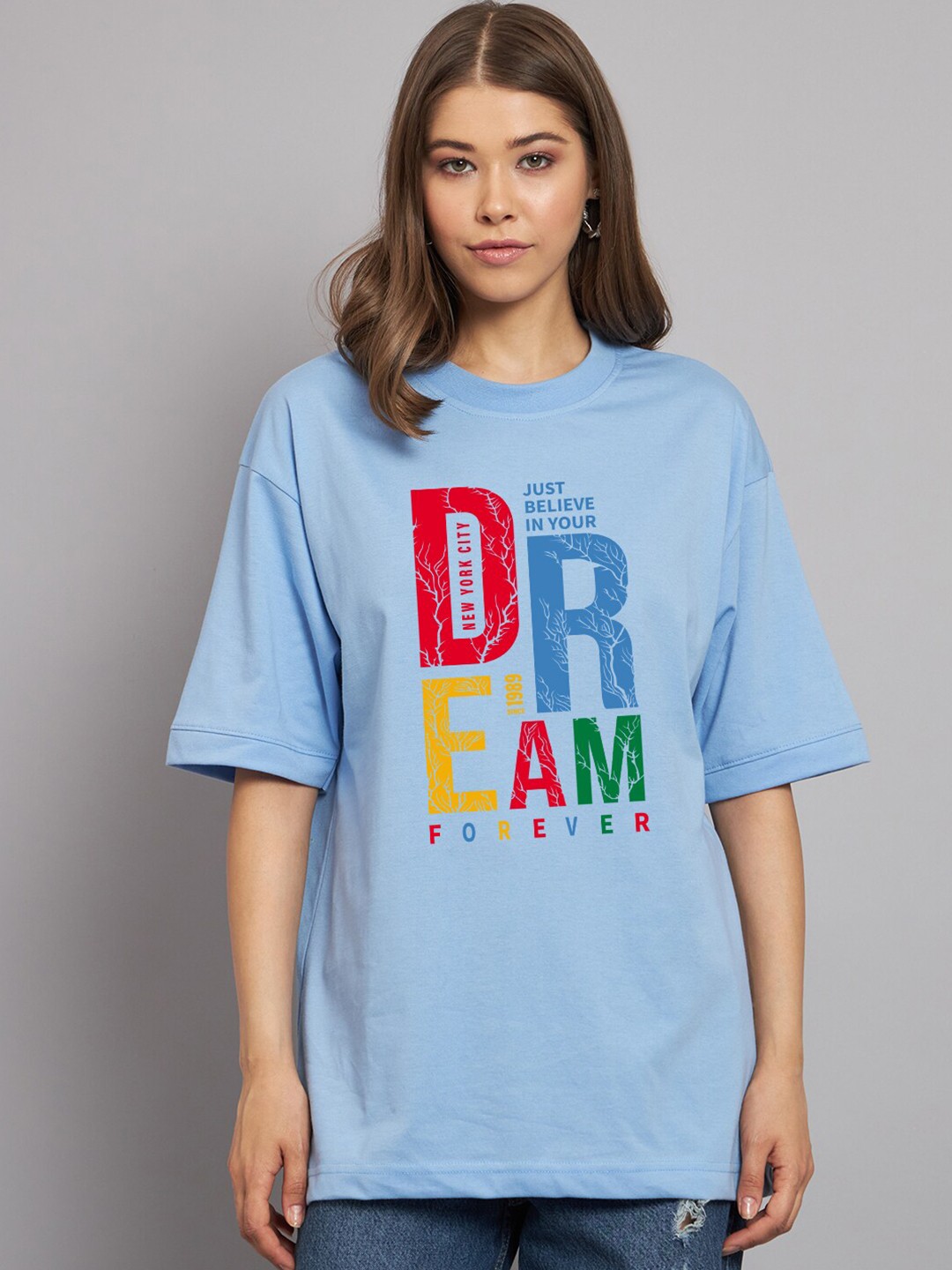 

Imsa Moda Typography Printed Drop-Shoulder Sleeves Cotton Oversized T-shirt, Blue