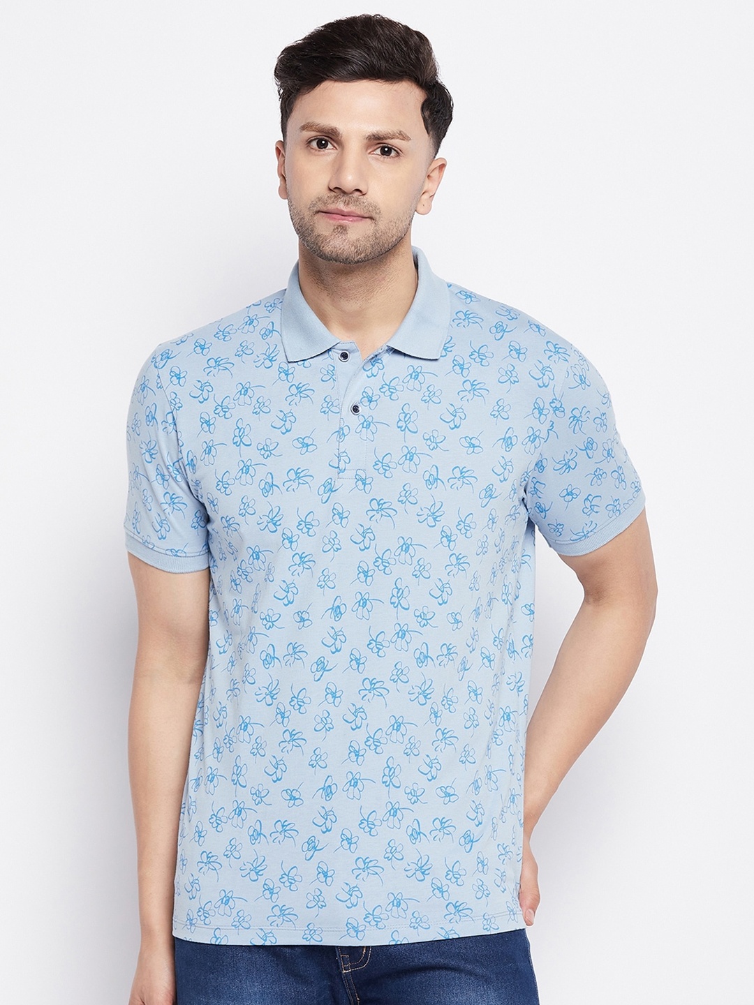 

WILD WEST Floral Printed Polo Collar T-shirt, Blue