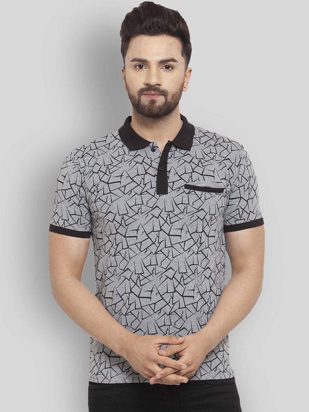 

WILD WEST Abstract Printed Polo Collar T-shirt, Grey