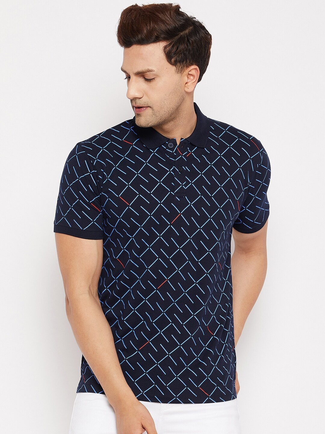 

WILD WEST Geometric Printed Polo Collar T-shirt, Navy blue