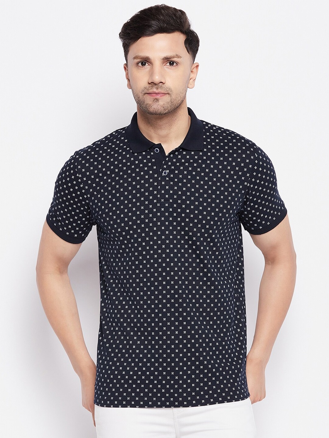 

WILD WEST Floral Printed Polo Collar Casual T-Shirt, Navy blue