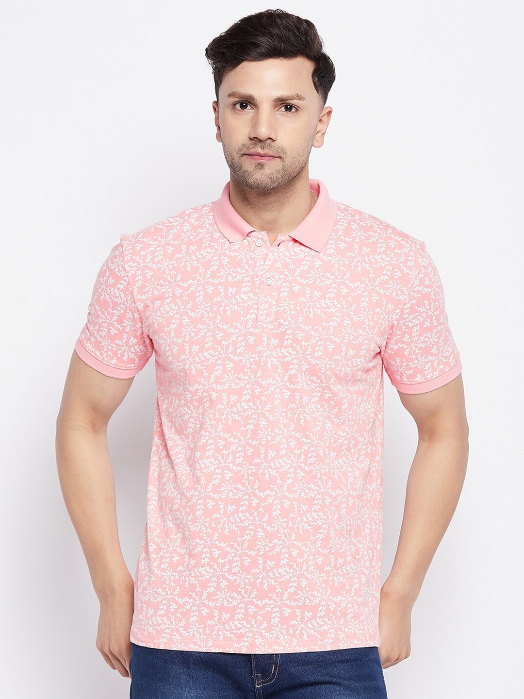 

WILD WEST Floral Printed Polo Collar Casual T-Shirt, Pink