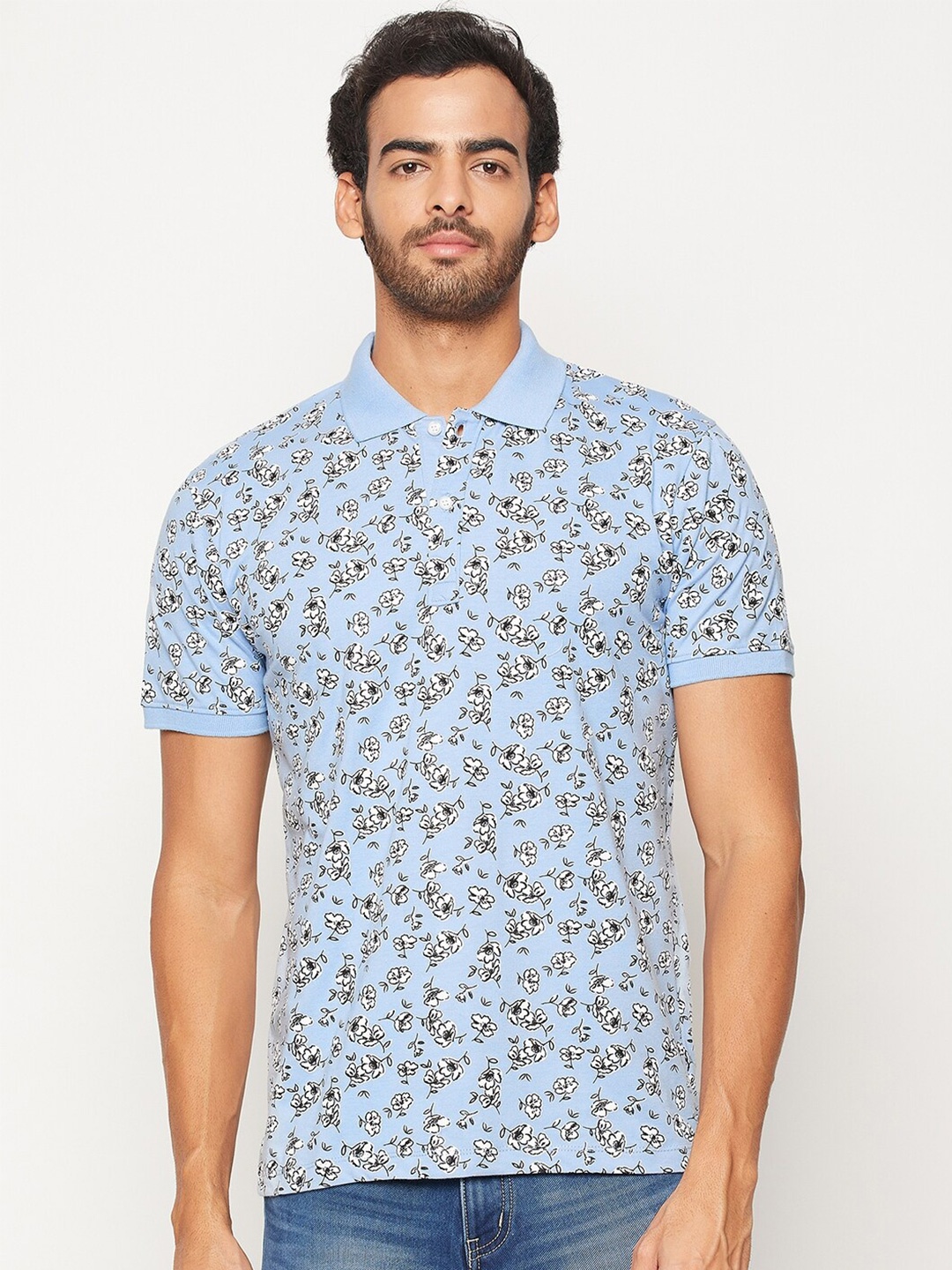 

WILD WEST Floral Printed Polo Collar Casual T-Shirt, Blue