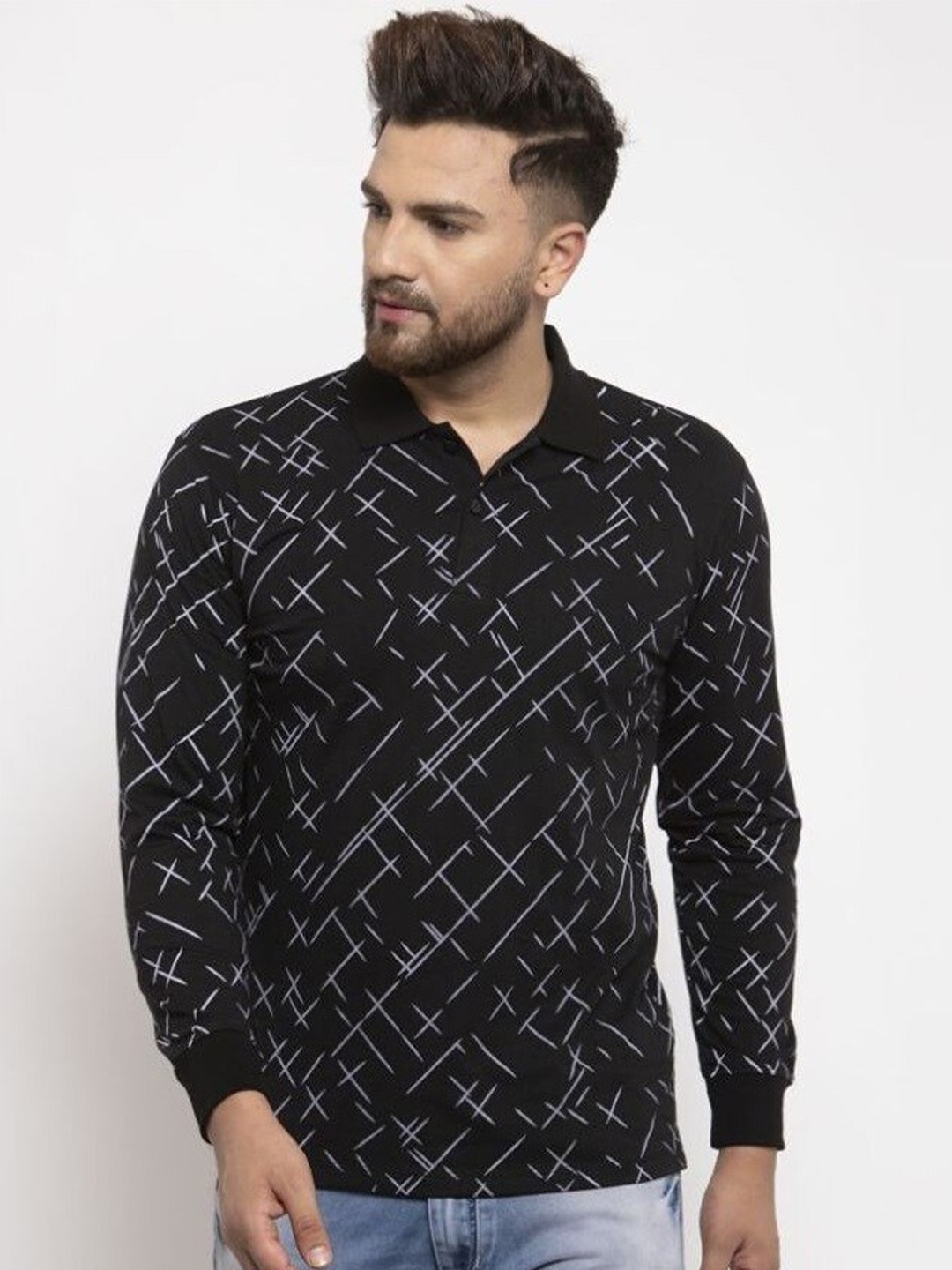 

WILD WEST Geometric Printed Polo Collar Casual T-Shirt, Black