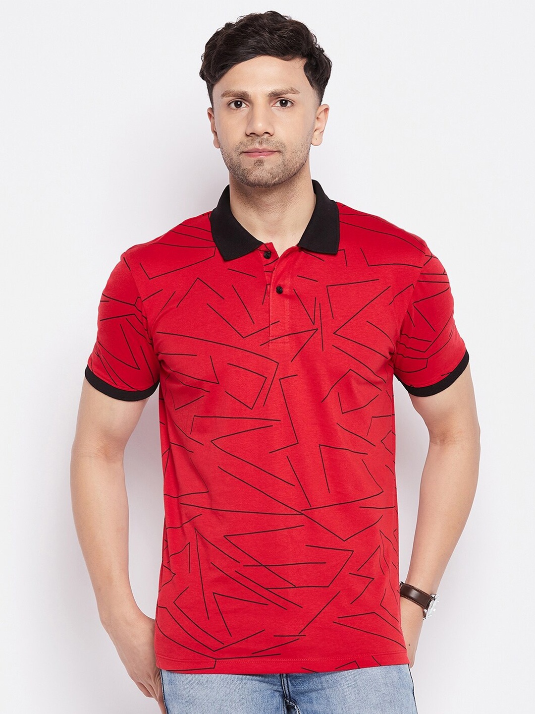 

WILD WEST Geometric Printed Polo Collar Casual T-Shirt, Red