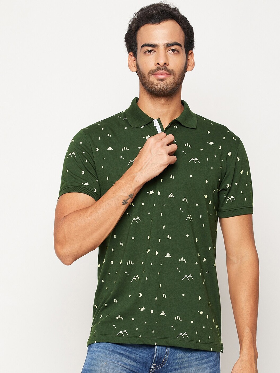 

WILD WEST Conversational Printed Polo Collar Casual T-Shirt, Green