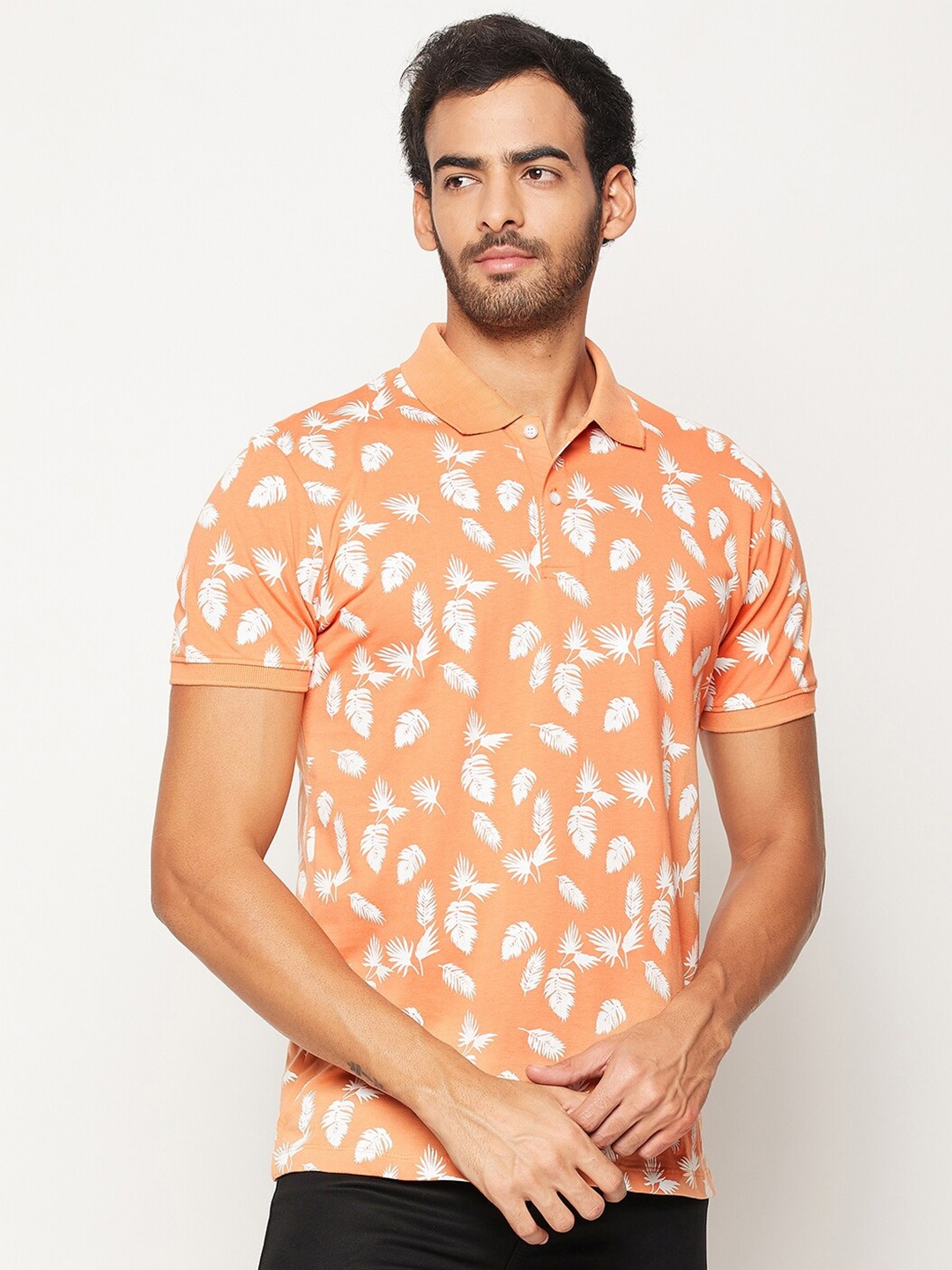 

WILD WEST Tropical Printed Polo Collar Casual T-Shirt, Orange