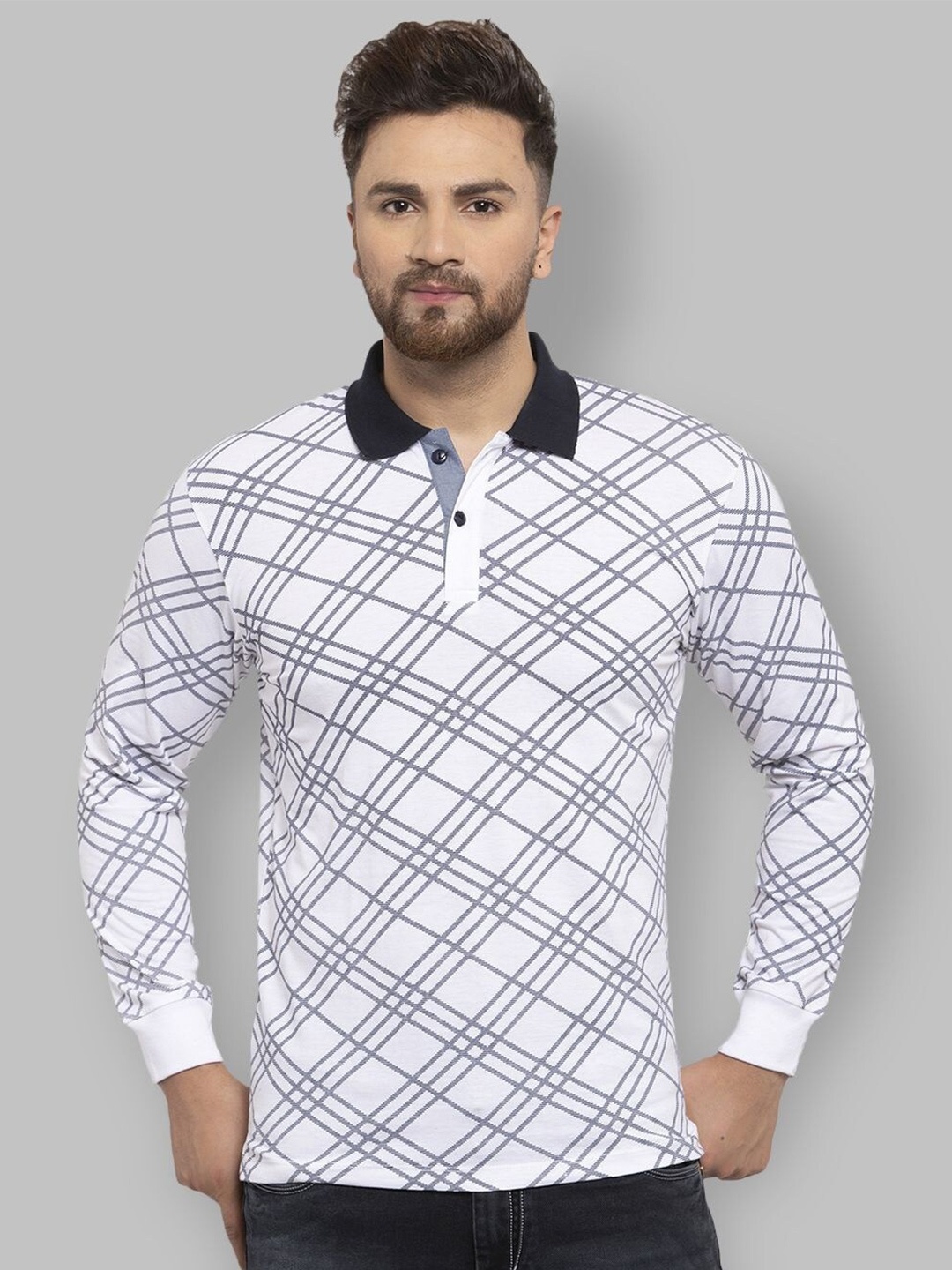 

WILD WEST Geometric Printed Polo Collar Casual T-Shirt, White