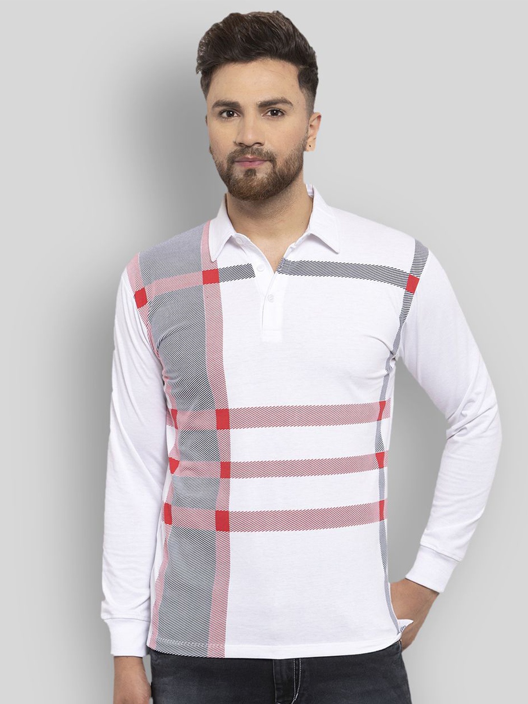 

WILD WEST Striped Polo Collar Casual T-Shirt, White