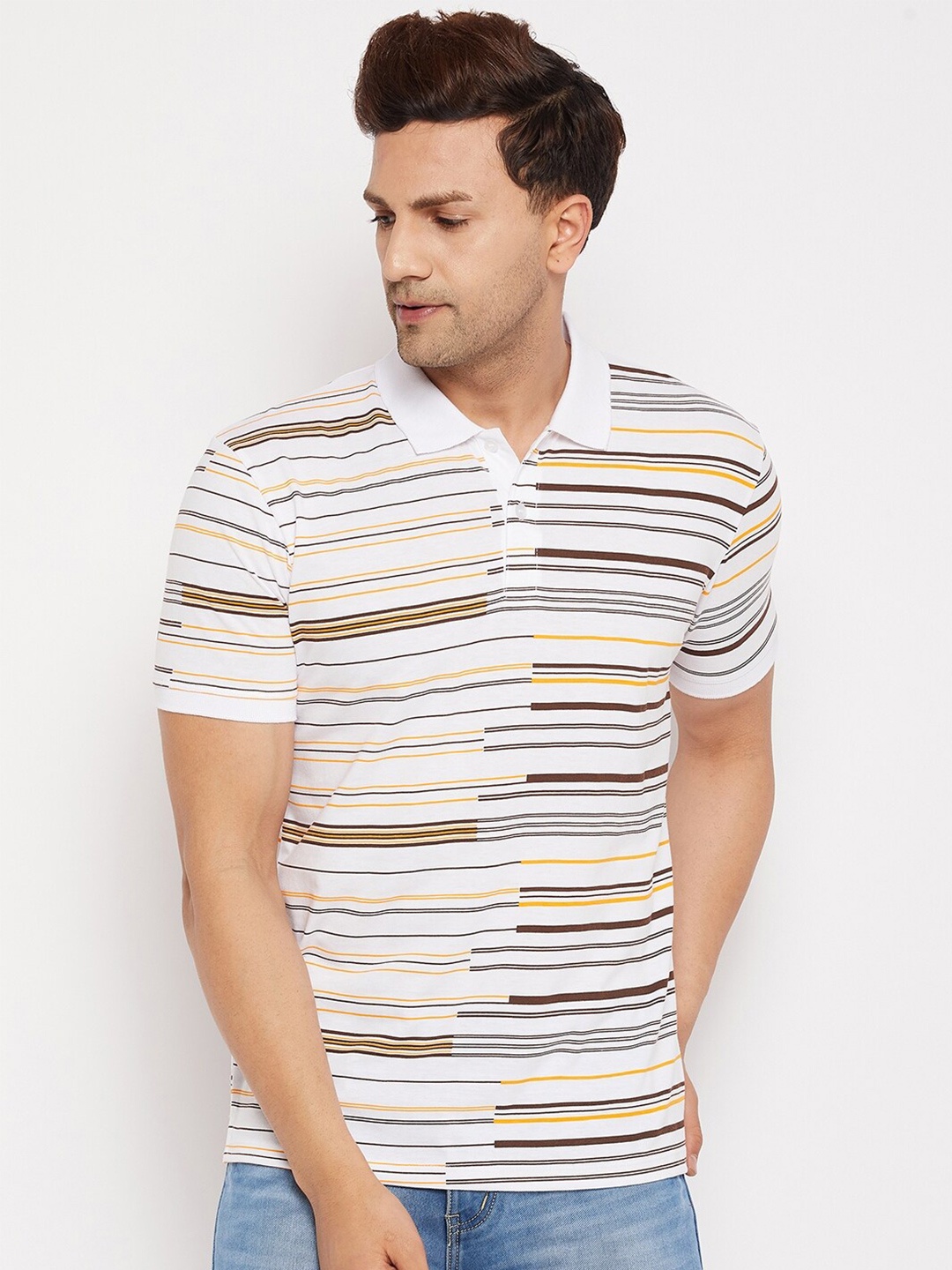 

WILD WEST Striped Polo Collar Casual T-Shirt, Cream