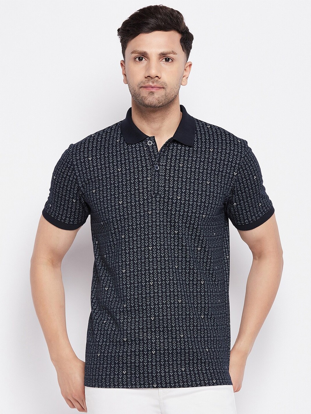 

WILD WEST Geometric Printed Polo Collar Casual T-Shirt, Navy blue