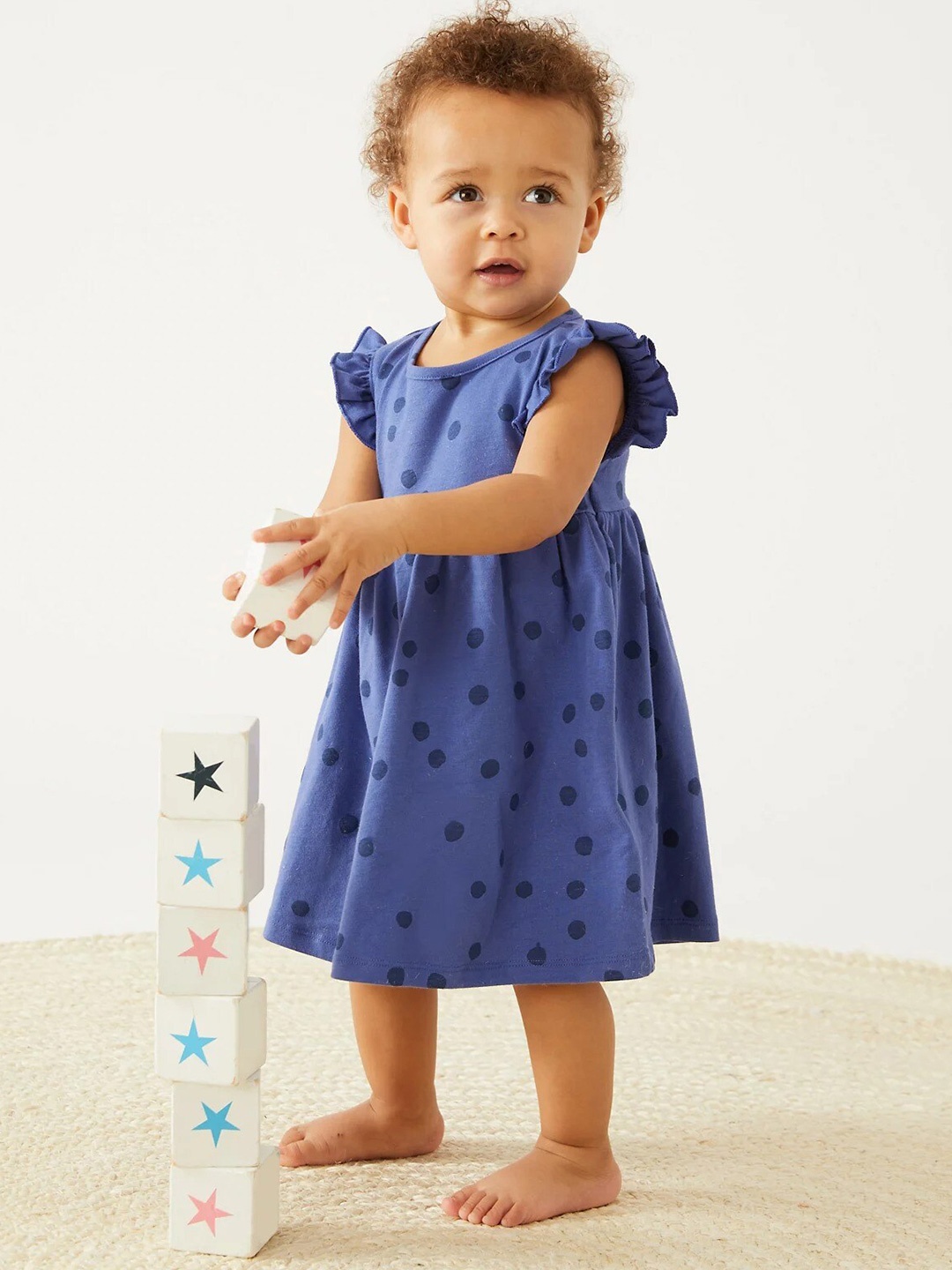 

Marks & Spencer Infant Polka Dot Printed Round Neck Flutter Sleeve Cotton A-Line Dress, Blue