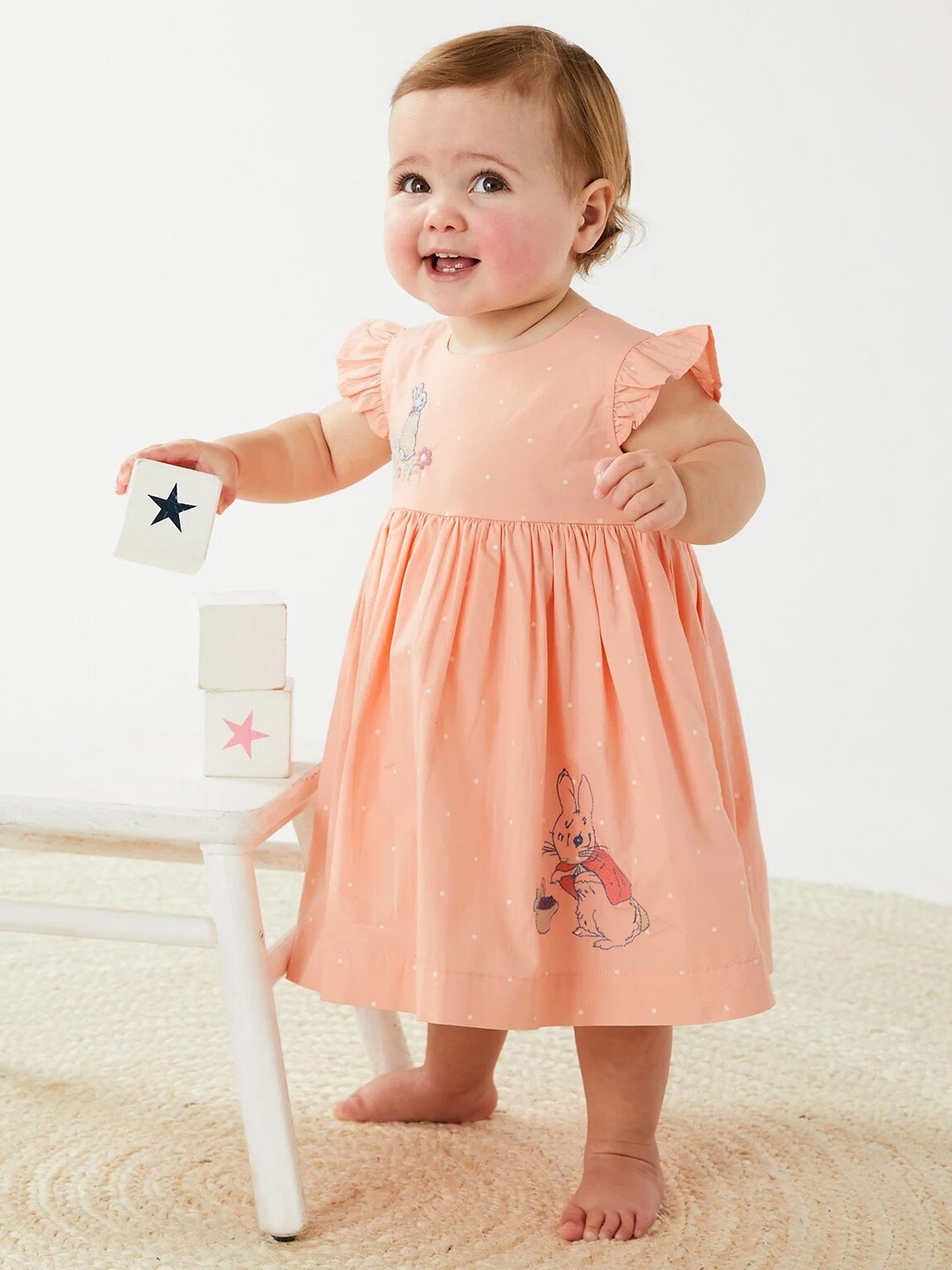 

Marks & Spencer Infant Polka Dot Printed Embroidered Round Neck Cotton A-Line Dress, Peach