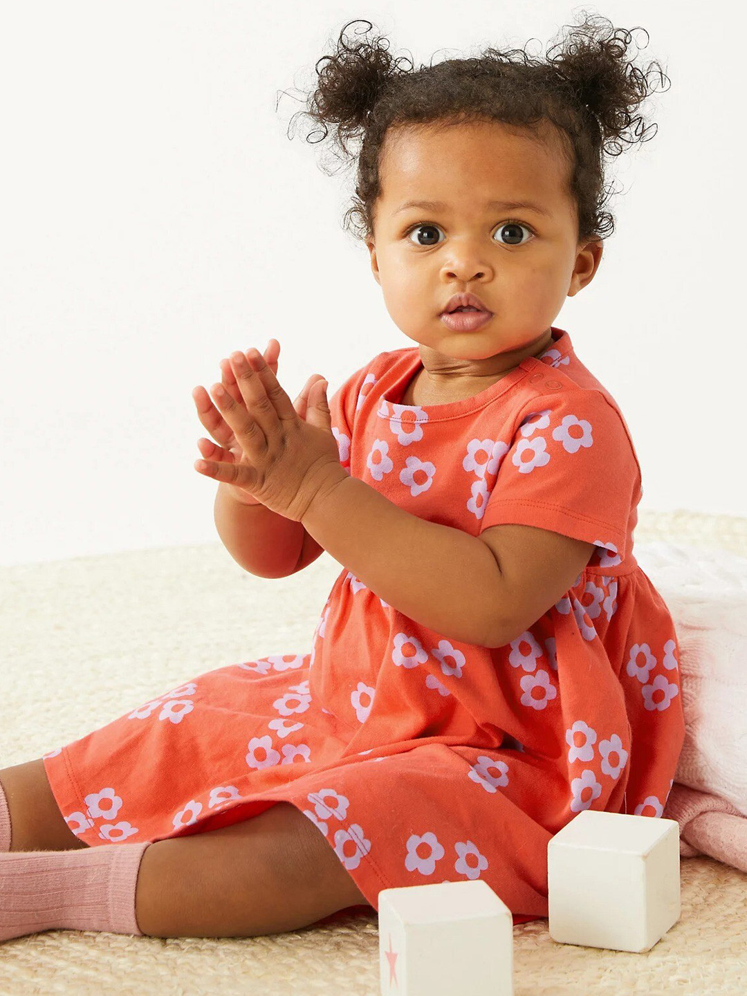 

Marks & Spencer Infant Floral Printed Round Neck Short Sleeve Cotton A-Line Dress, Orange