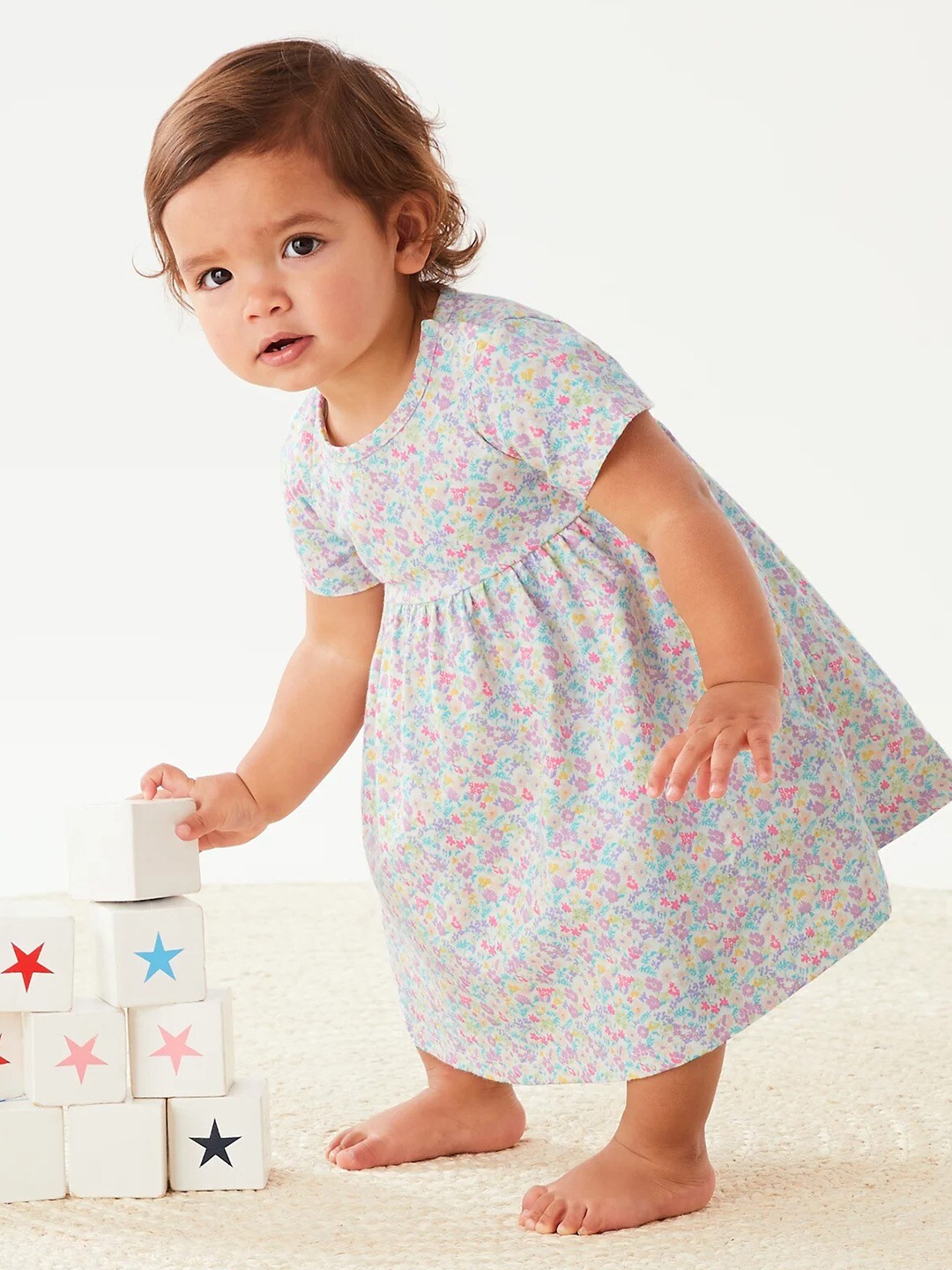 

Marks & Spencer Infant Micro Pattern Floral Printed Round Neck A-Line Dress, White