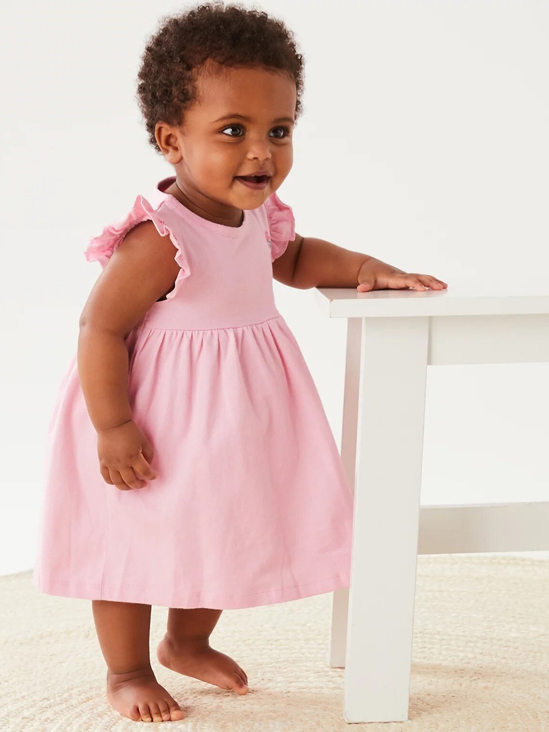 

Marks & Spencer Infant Floral Printed Round Neck Flutter Sleeve Cotton A-Line Dress, Pink