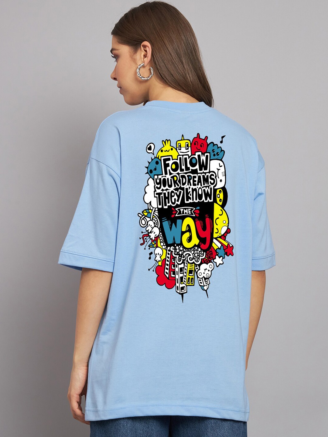 

Imsa Moda Typography Printed Oversized Longline Cotton T-shirt, Blue