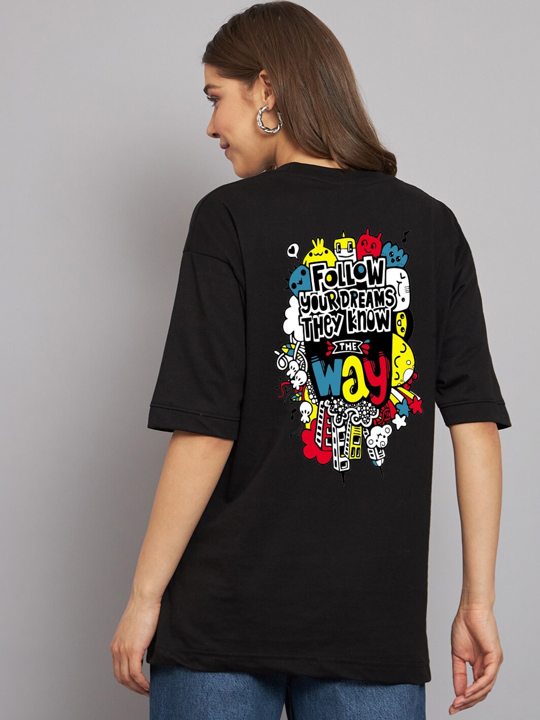 

Imsa Moda Graphic Printed Drop-Shoulder Sleeves Cotton Oversized T-shirt, Black