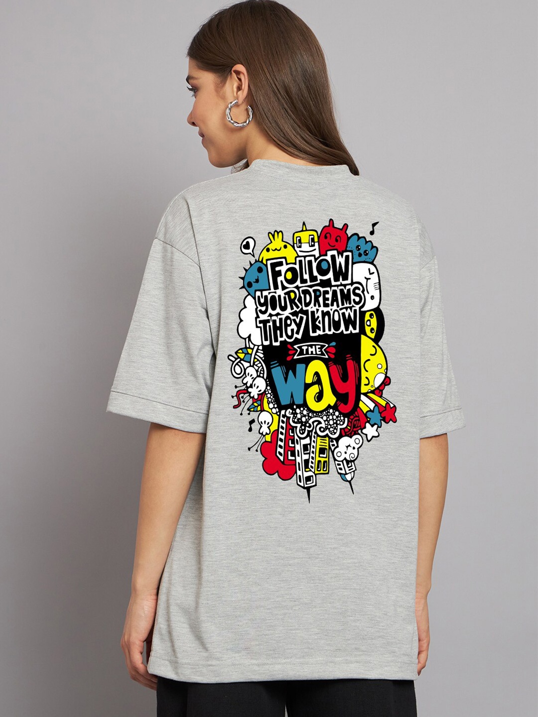 

Imsa Moda Graphic Printed Drop-Shoulder Sleeves Cotton Oversized T-shirt, Grey