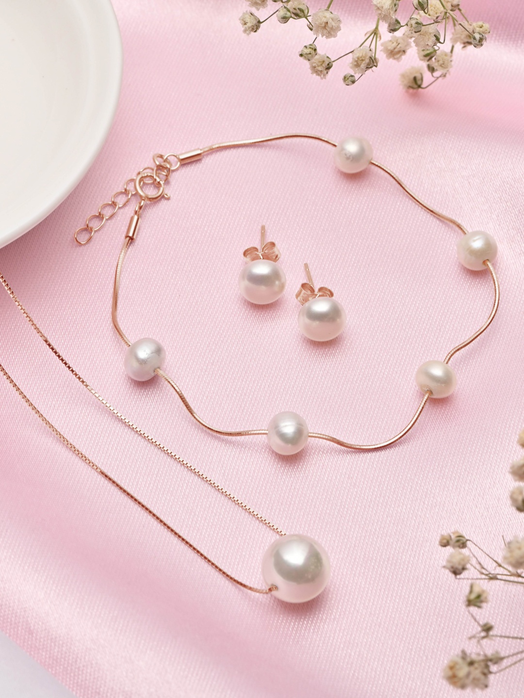 

Zavya Women 925 Sterling Silver Rose Gold-Plated Pearls Necklace Bracelet And Earrings