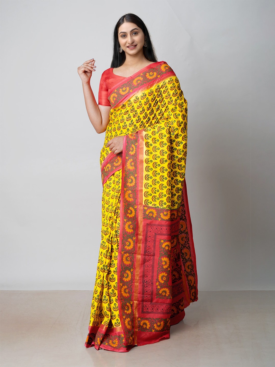

Unnati Silks Ethnic Motifs Printed Zari Baluchari Saree, Yellow