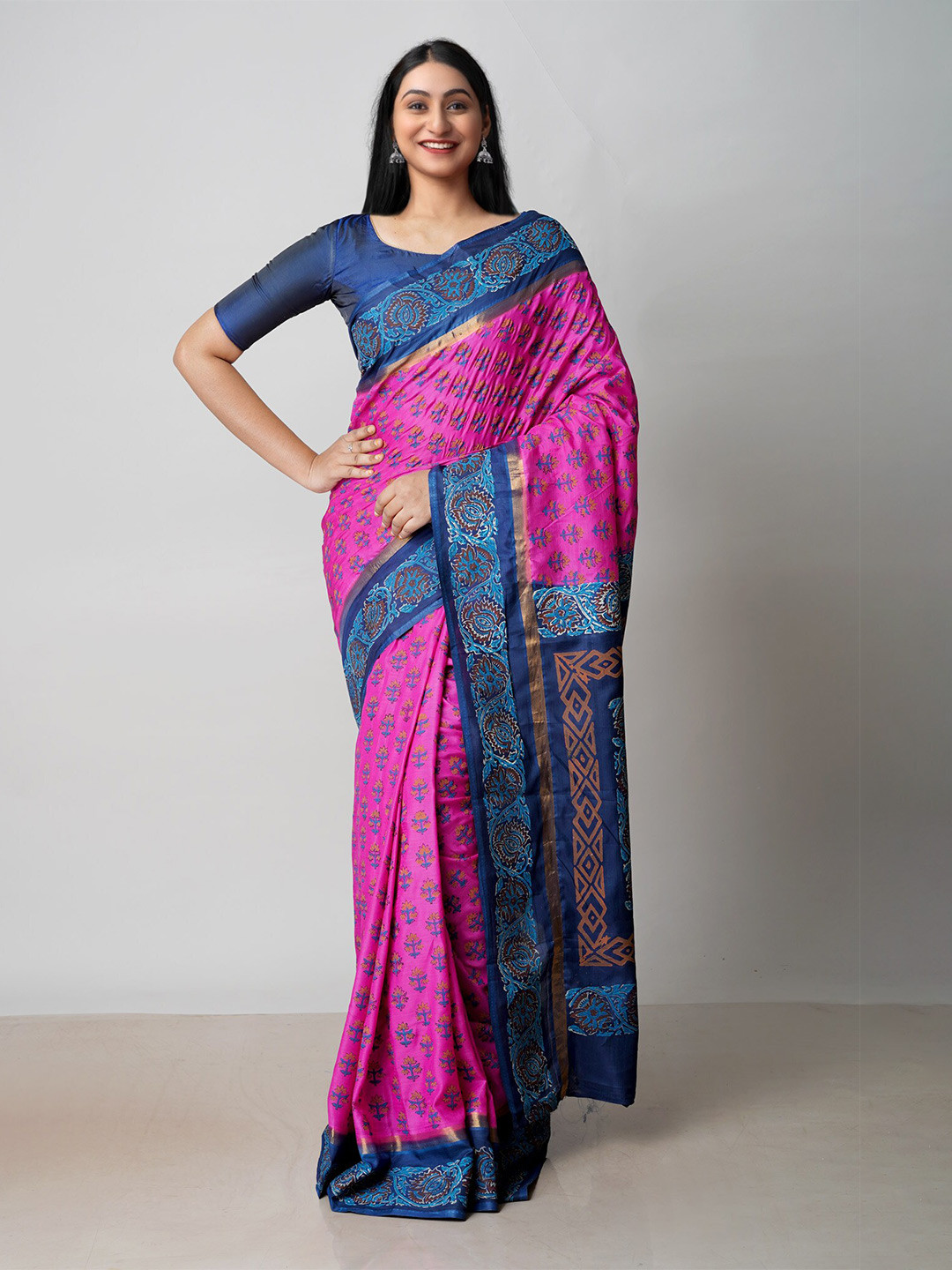 

Unnati Silks Ethnic Motifs Printed Zari Baluchari Saree, Pink