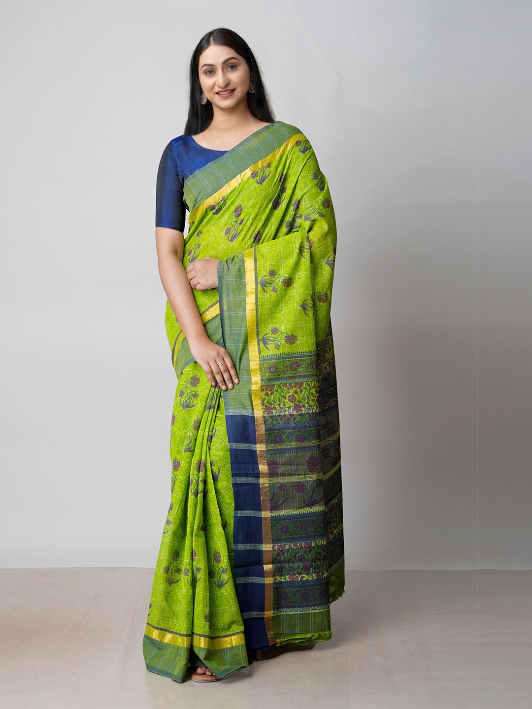 

Unnati Silks Ethnic Motifs Printed Zari Pure Cotton Mangalagiri Saree, Green