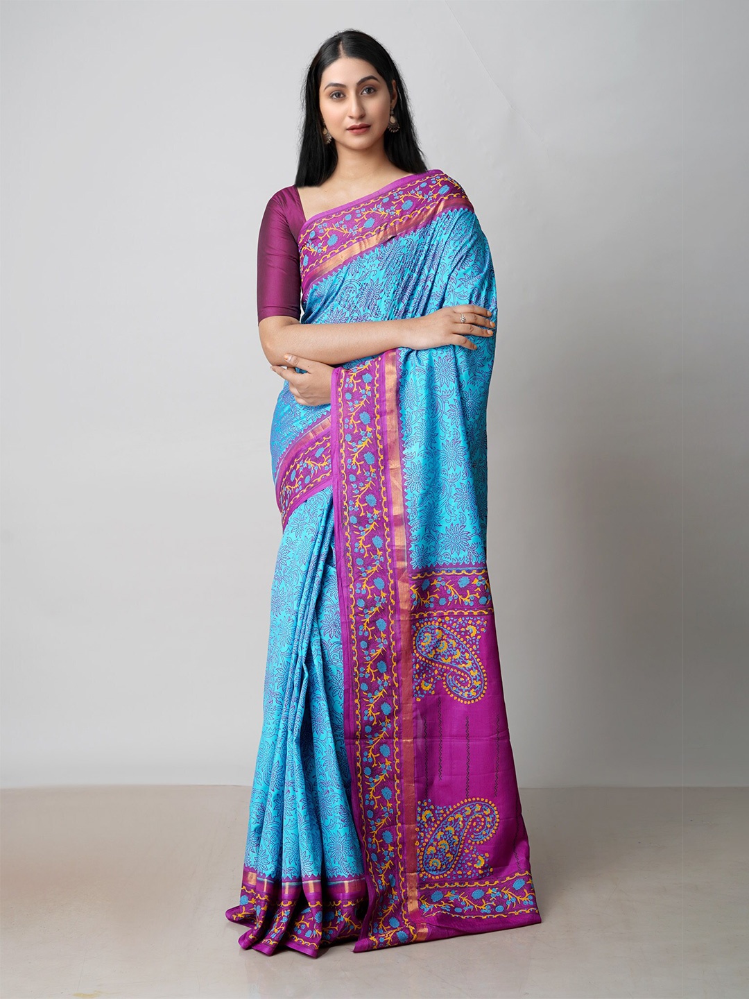 

Unnati Silks Floral Printed Zari Baluchari Saree, Blue