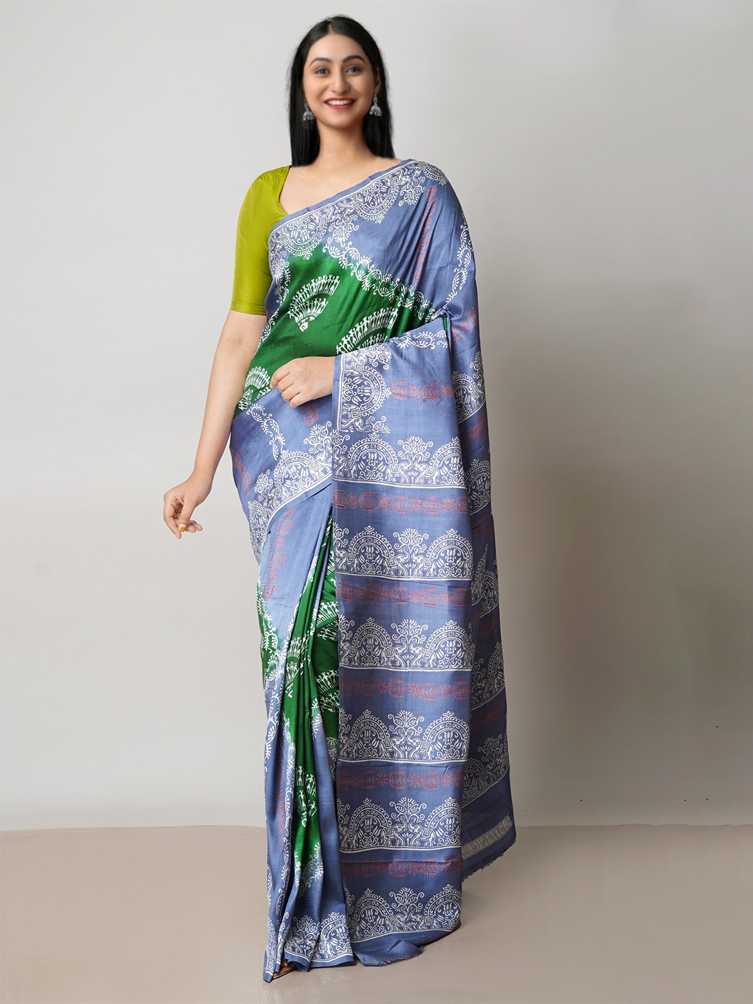 

Unnati Silks Ethnic Motifs Printed Pure Silk Mysore Silk Saree, Green