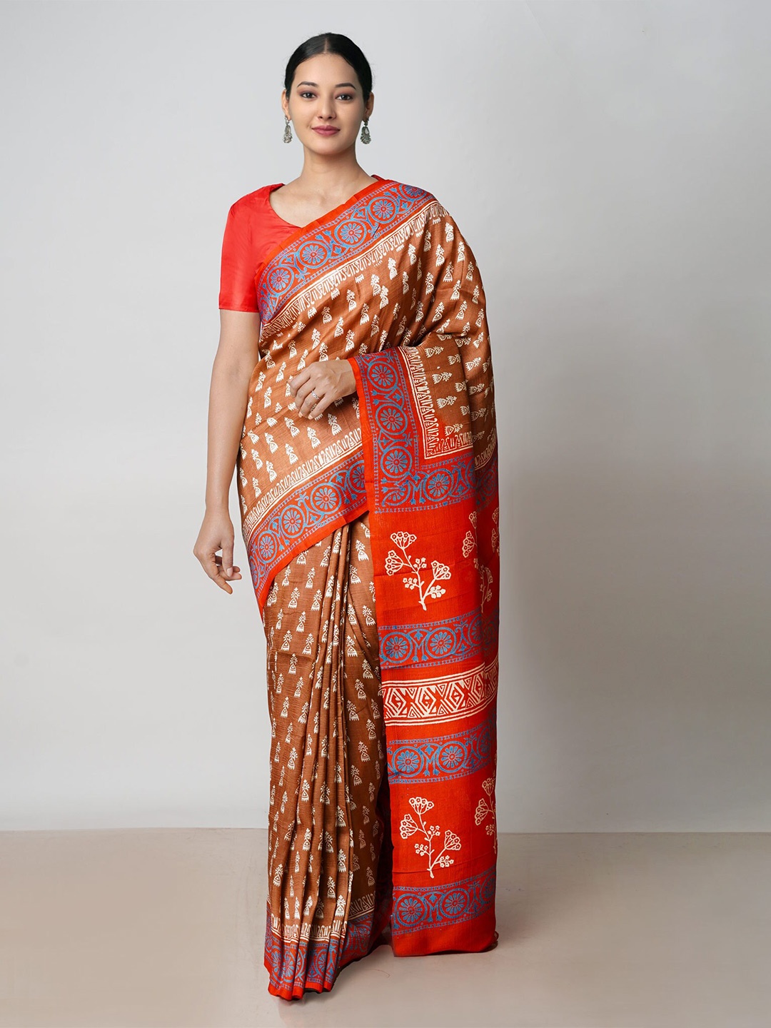 

Unnati Silks Ethnic Motifs Block Printed Pure Silk Mysore Silk Saree, Brown