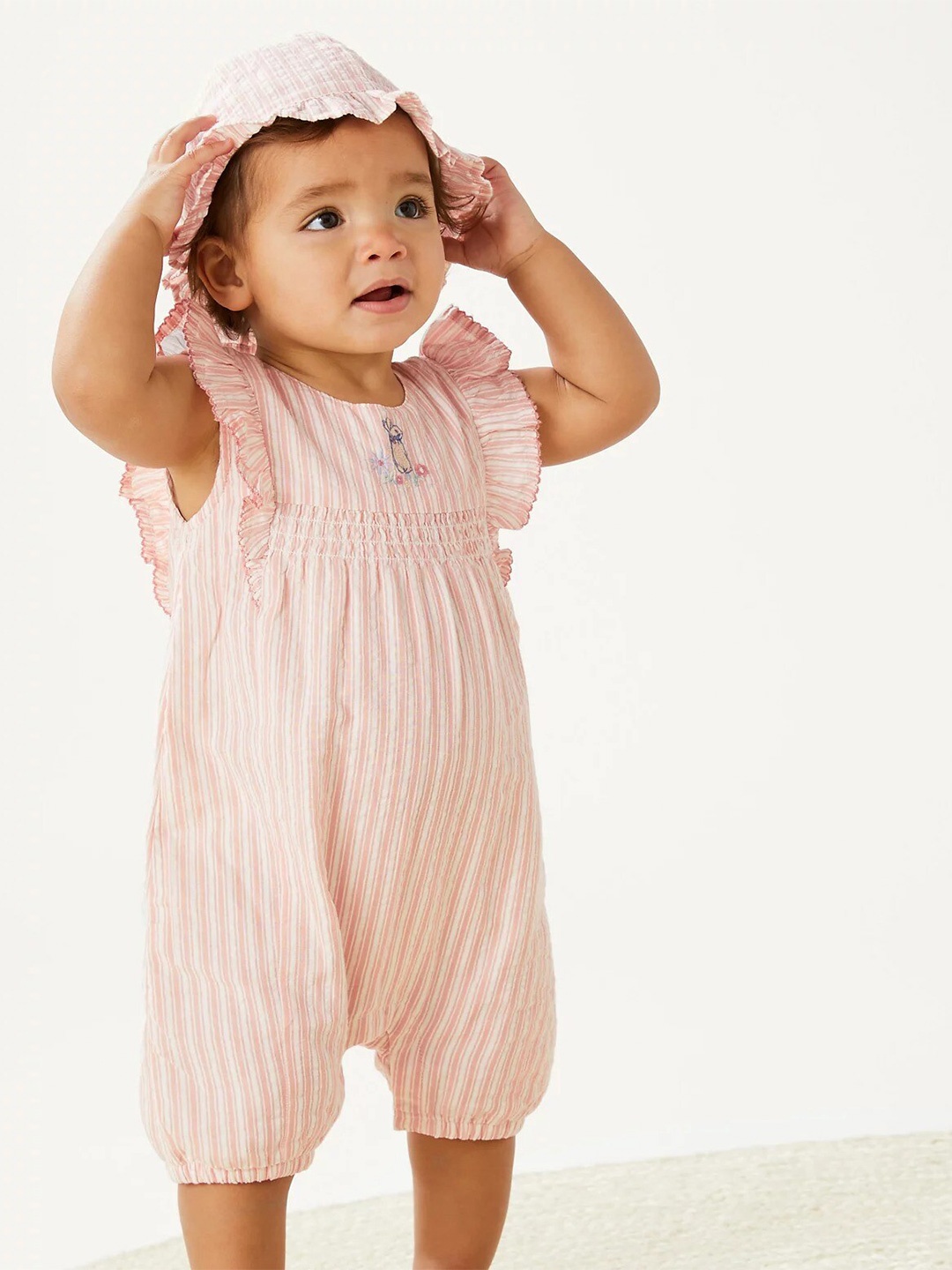 

Marks & Spencer Girls Striped Ruffled Pure Cotton Rompers With Hat, Peach