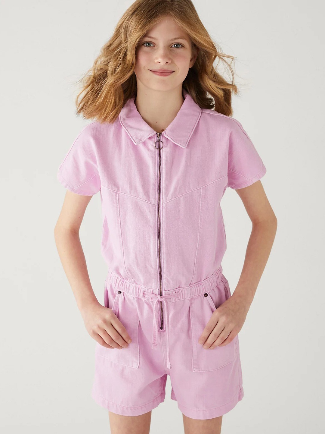 

Marks & Spencer Girls Shirt Collar Waist Tie-ups Playsuit, Pink