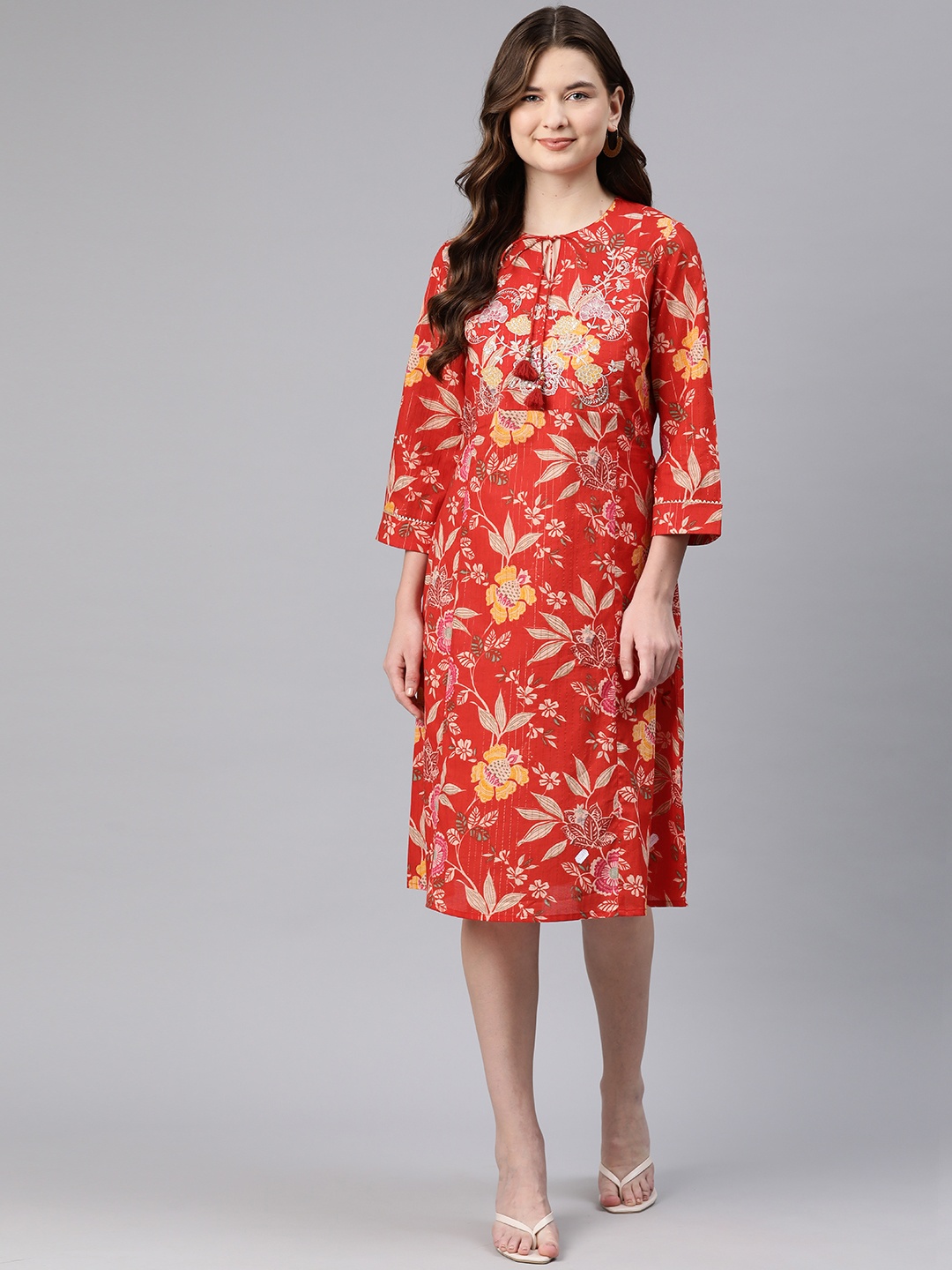 

Nayam By Lakshita Floral Embroidered Tie-Up Neck A-Line Dress, Red
