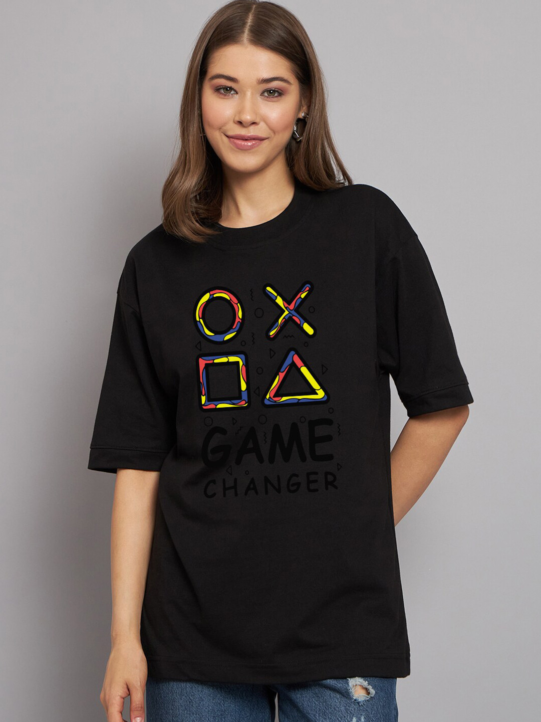 

Imsa Moda Typography Printed Drop Shoulder Cotton Oversized Longline T-shirt, Black